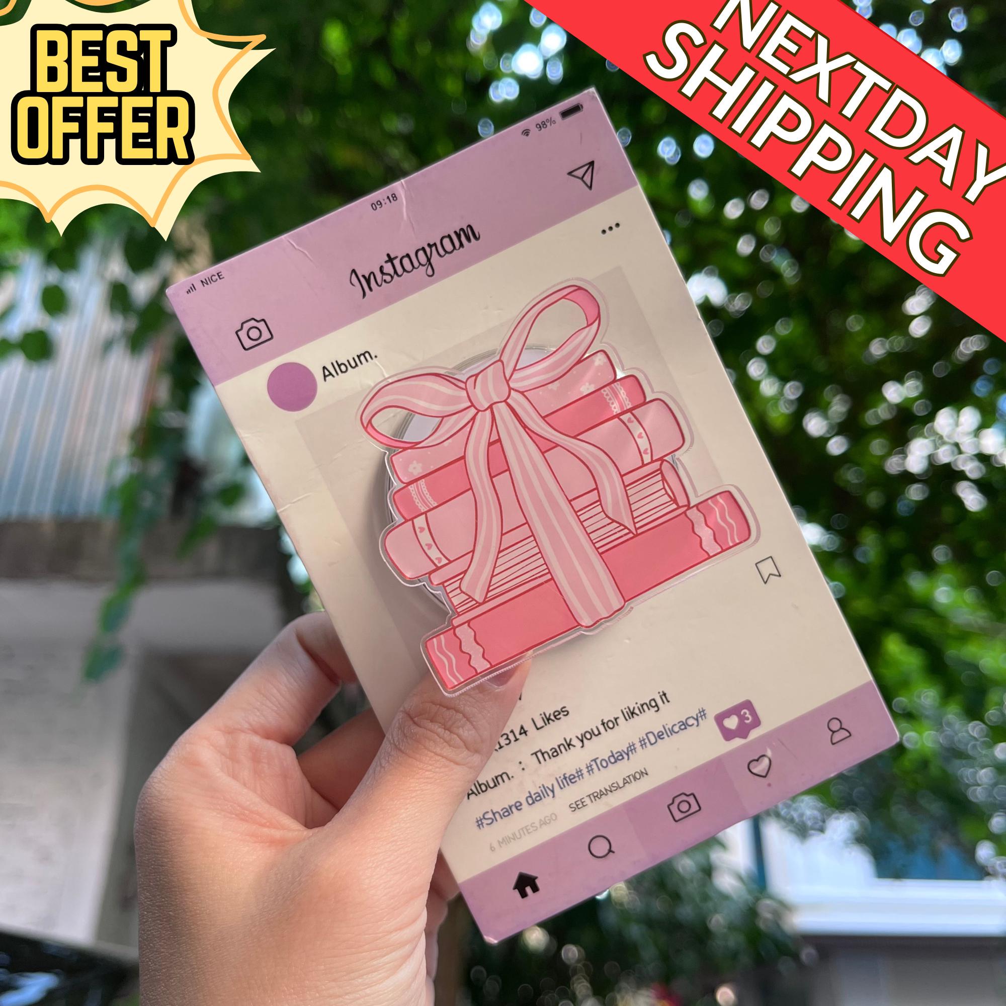Pink Ribbon Gift Stack Cute Phone Grip for Book Lovers