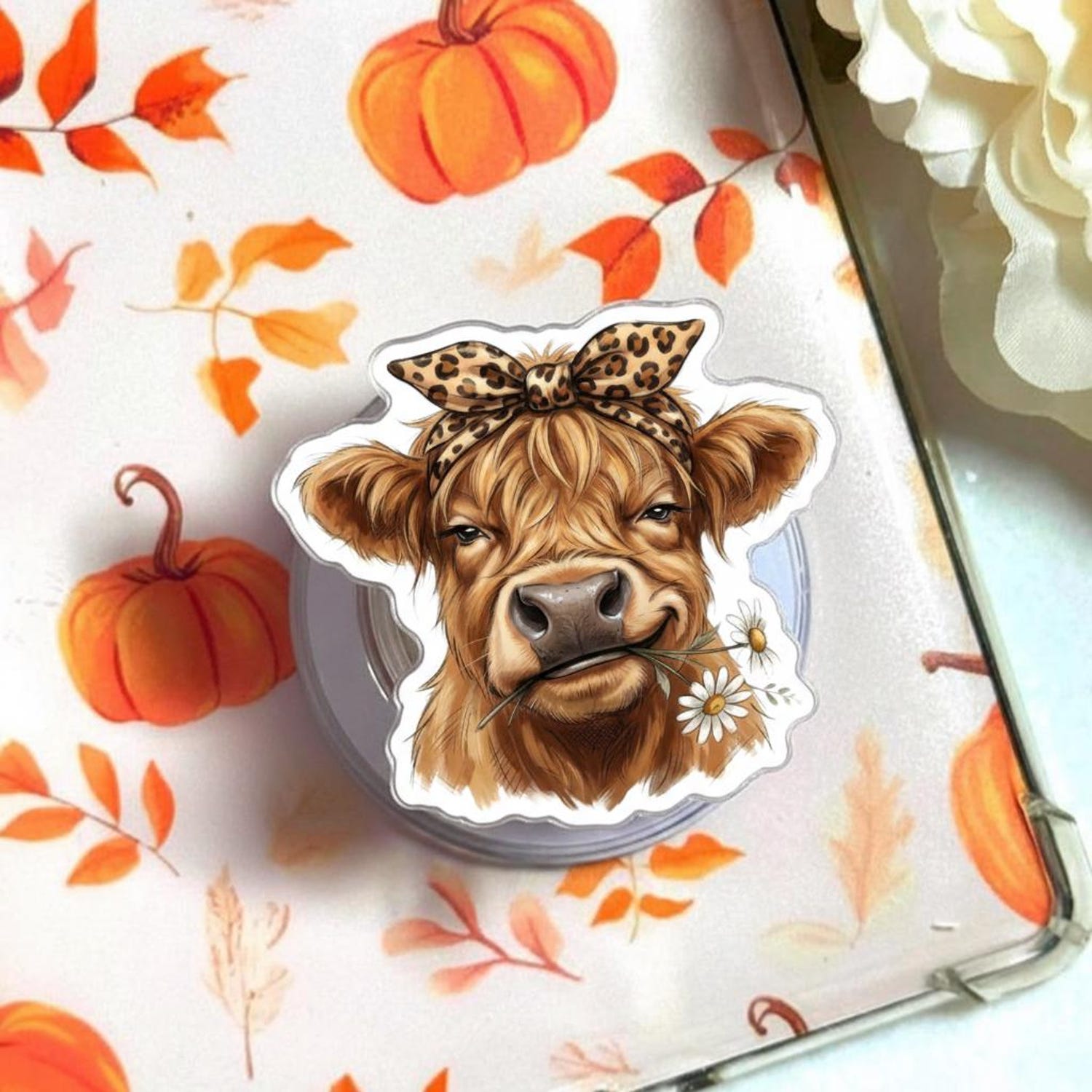 Cute Highland Cow Phone Grip Leopard Bow Cow MagSafe Grip