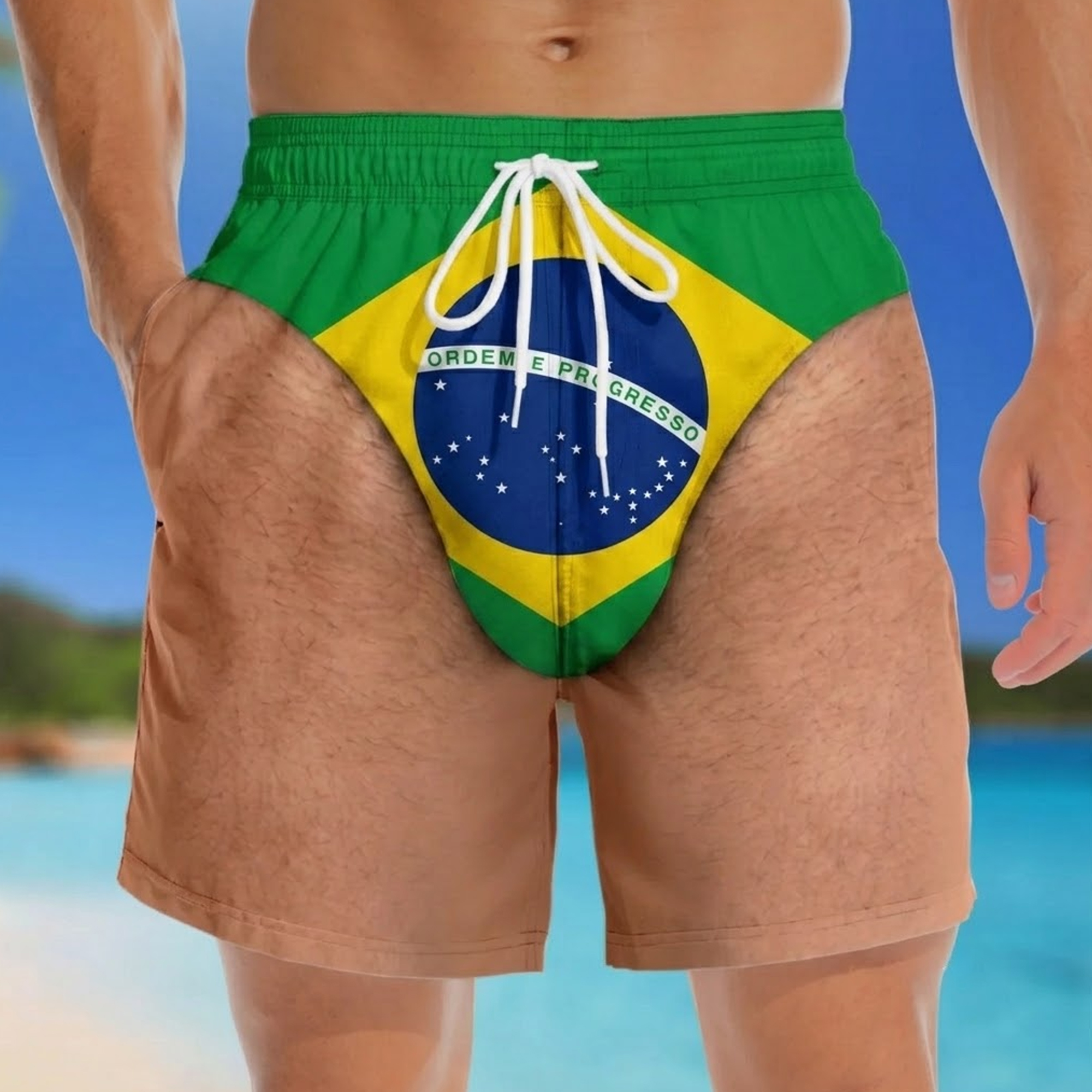 Men's Brazil Flag Swim Trunks, Patriotic Country Flag Beach Shorts with Pockets, Quick Dry soccer season Swimwear