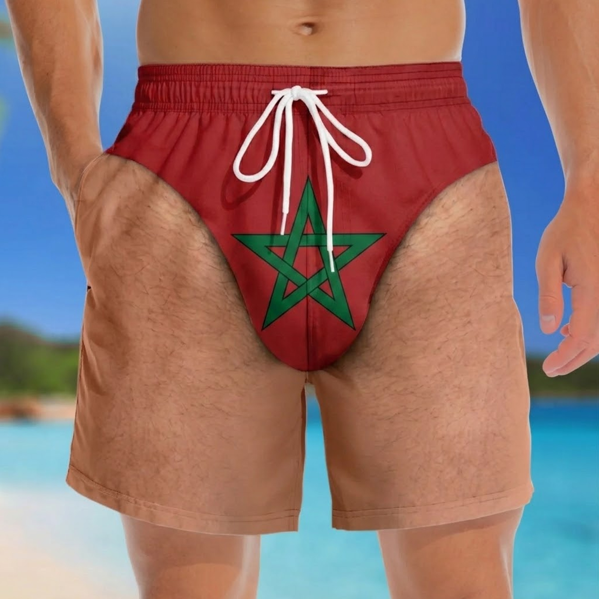 Men's Morocco Flag Swim Trunks, Patriotic Country Flag Beach Shorts with Pockets, Quick Dry soccer season Swimwear