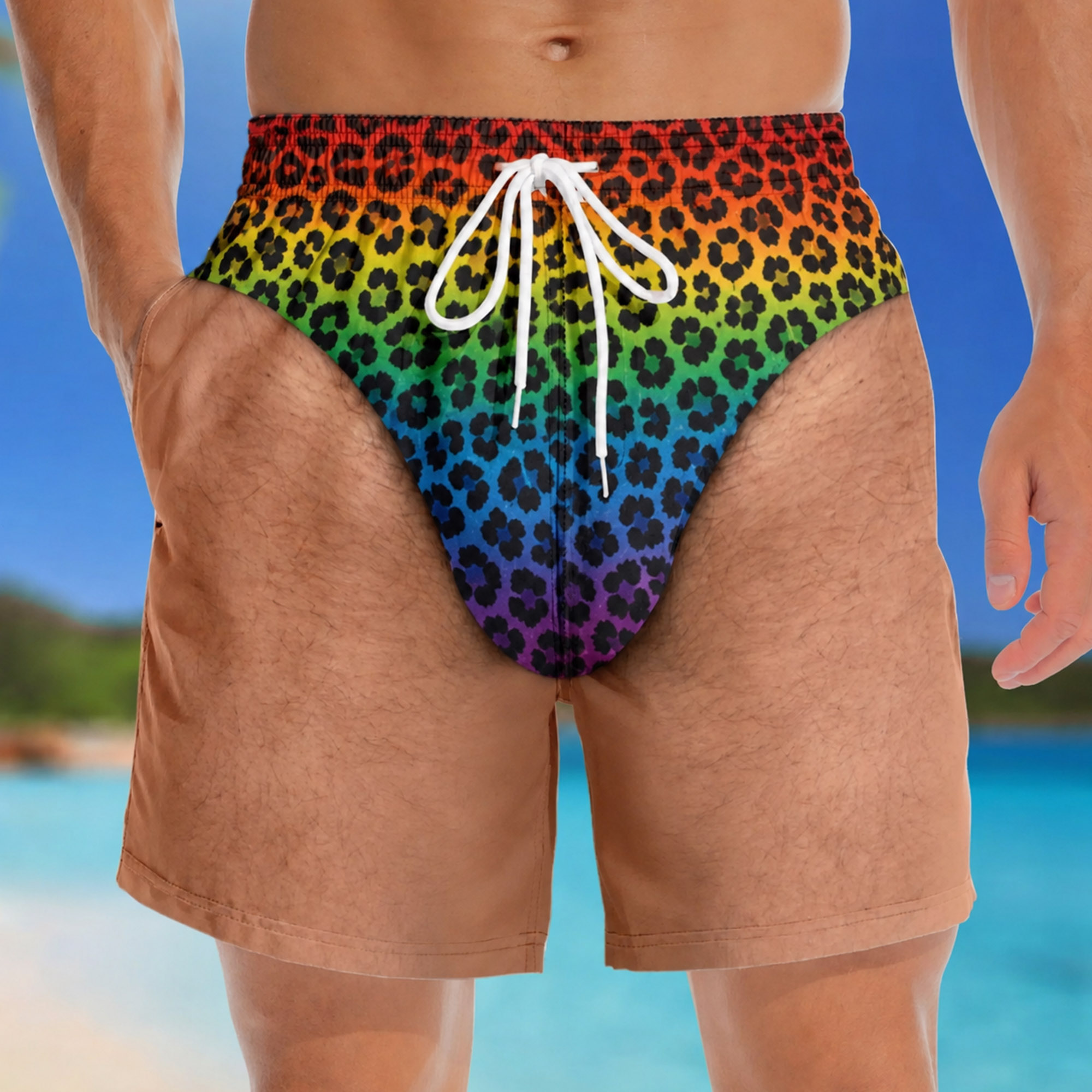 Men's Rainbow Leopard Pride Swim Trunks, Bold Print Beach Shorts with Pockets, Quick Dry Summer Swimwear