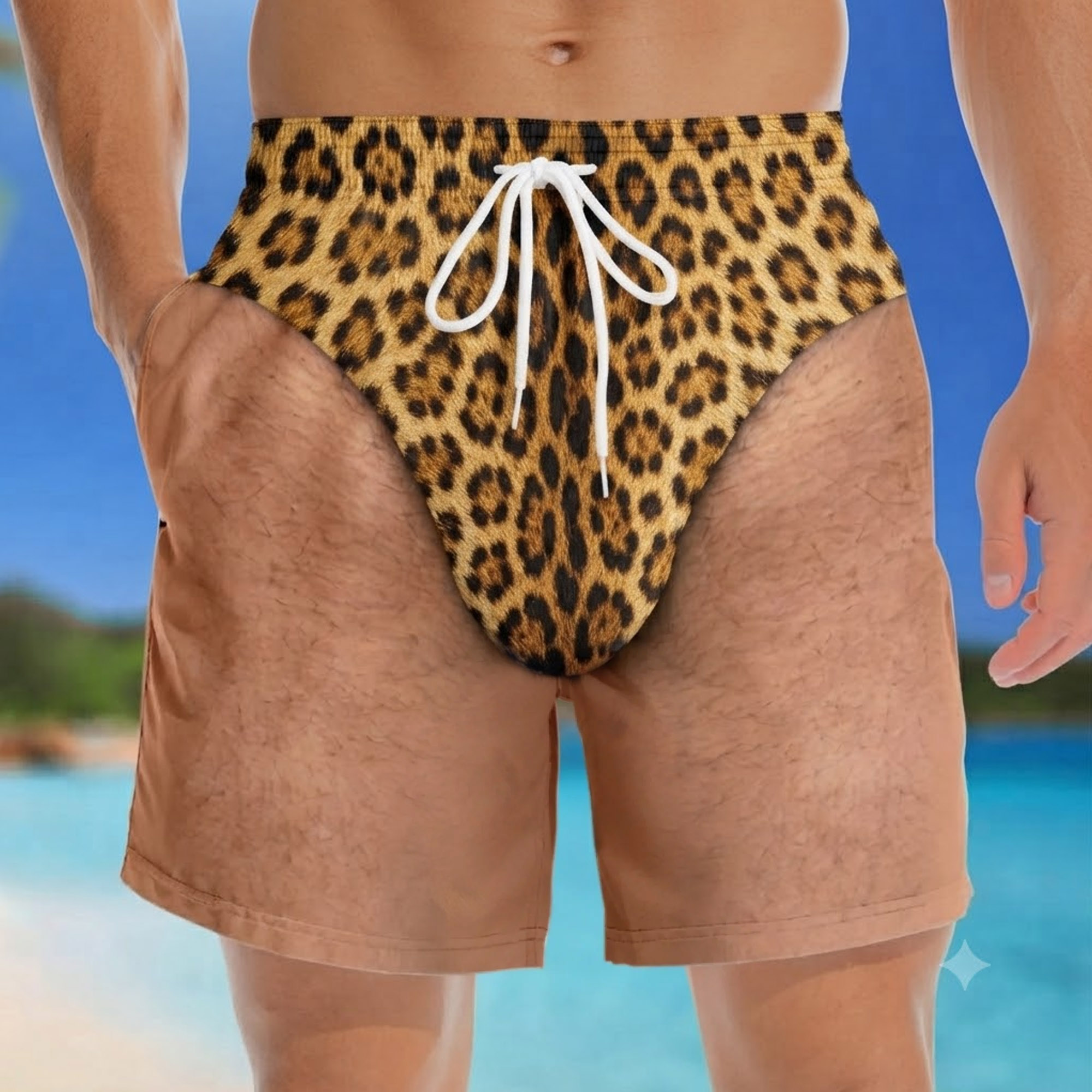 Men's Leopard Print Swim Trunks, Bold Print Beach Shorts with Pockets, Quick Dry Summer Swimwear