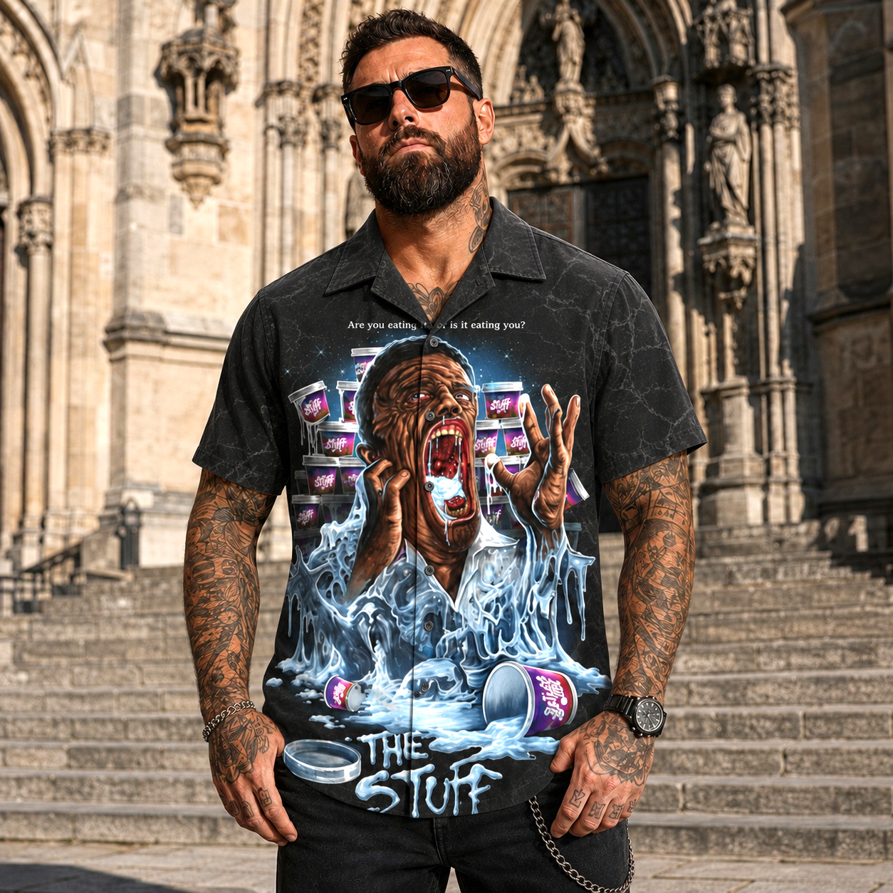 The Stuff Never Enough Hawaiian Shirt, Classic Monster Artwork Button Up, Spooky Movie Lover Gift