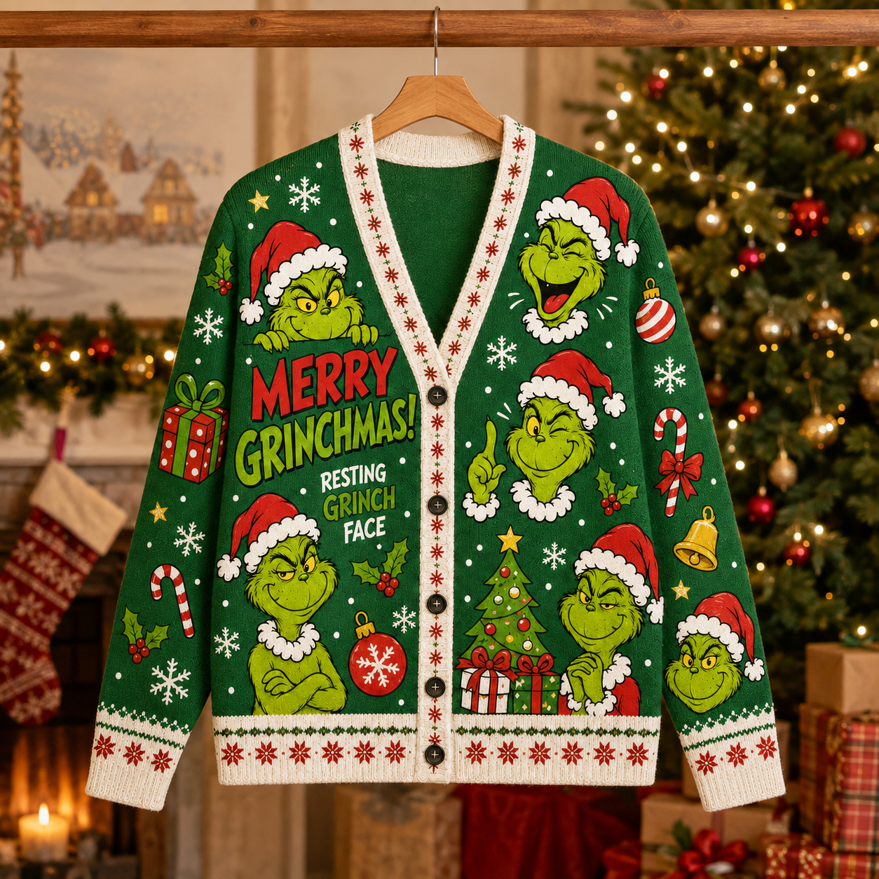 Merry Christmas Knit Cardigan, Green Holiday Sweater for Festive Winter Parties