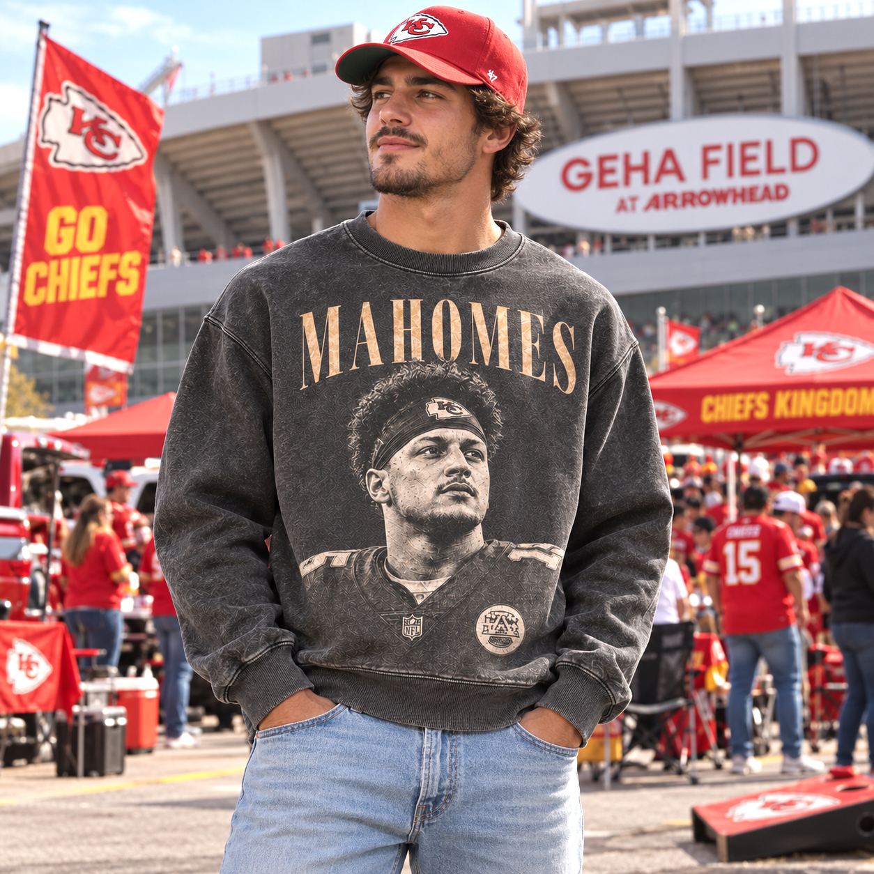 Patrick Mahomes Kansas City Chiefs #15 Sweatshirt, Super Bowl LVIII MVP Retro Graphic, Arrowhead Stadium Sunday Style