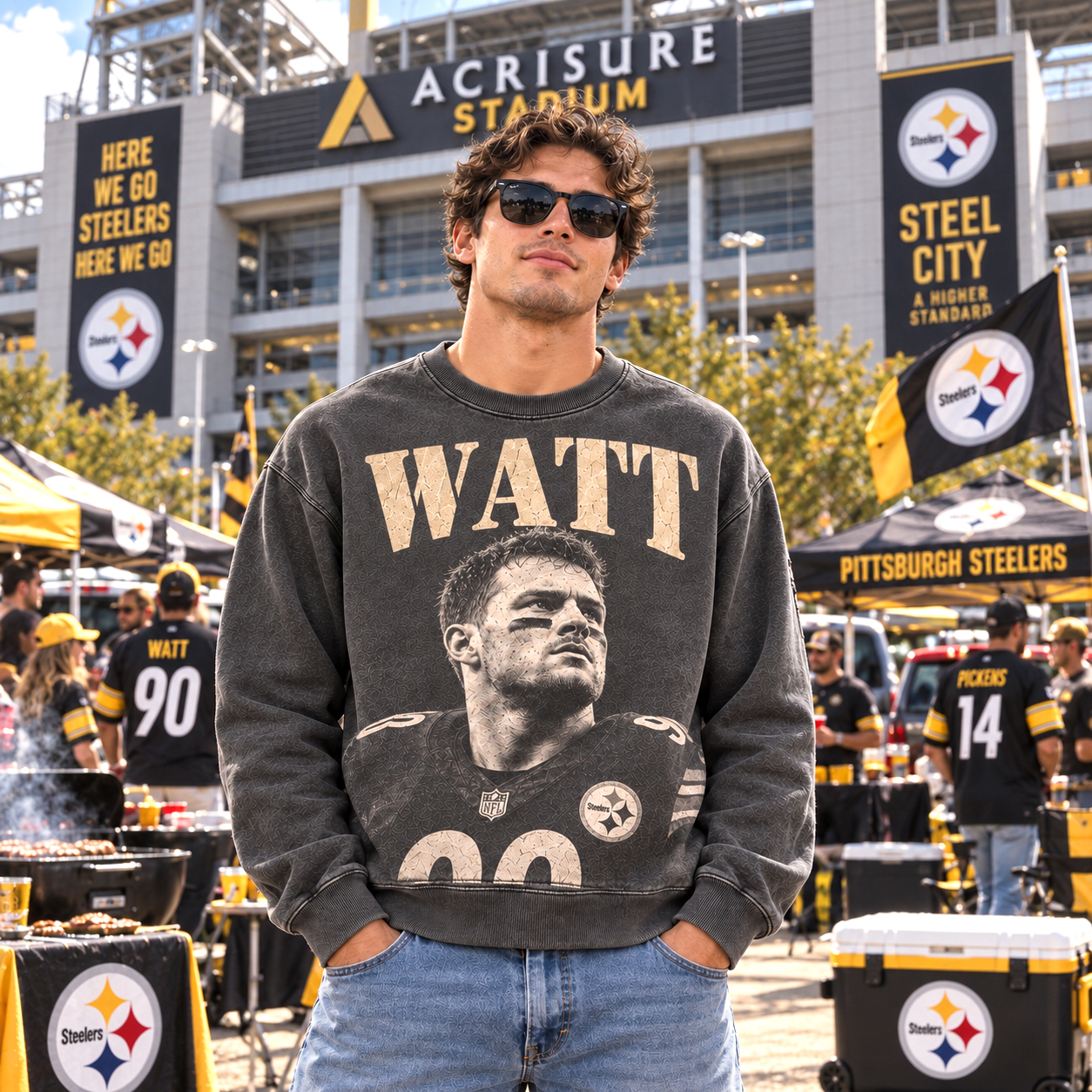 T.J. Watt Pittsburgh Steelers #90 Sweatshirt, Defensive Player of the Year Art, Acrisure Stadium Black Gold Style