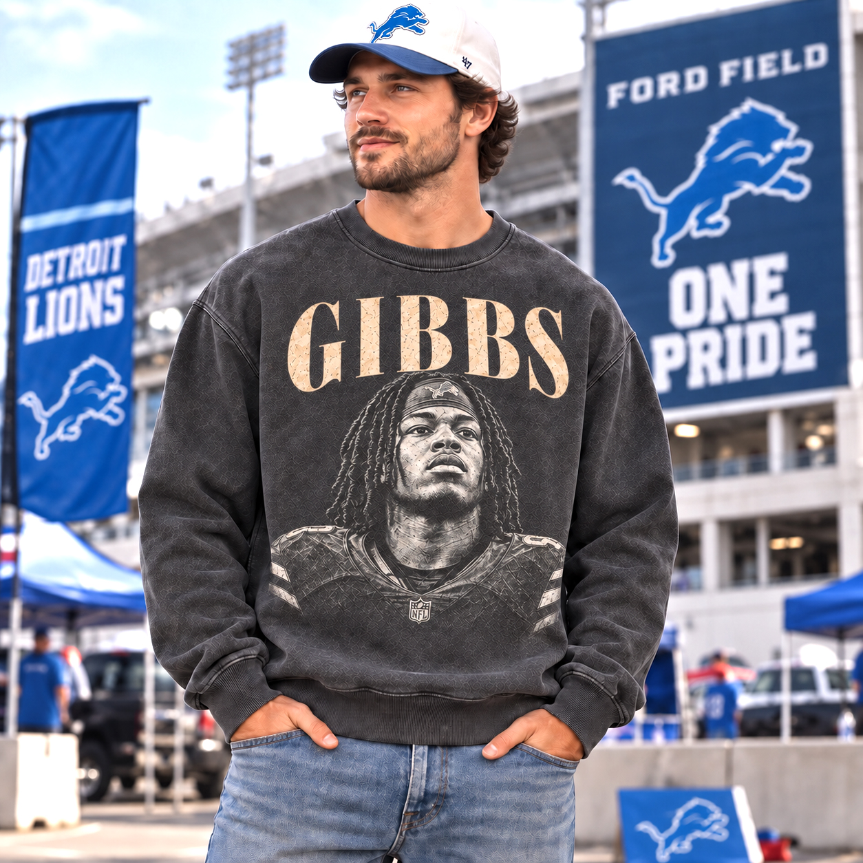 Jahmyr Gibbs Detroit Lions #26 Sweatshirt, Explosive Running Back Retro Art, Ford Field NFC North Sunday Style