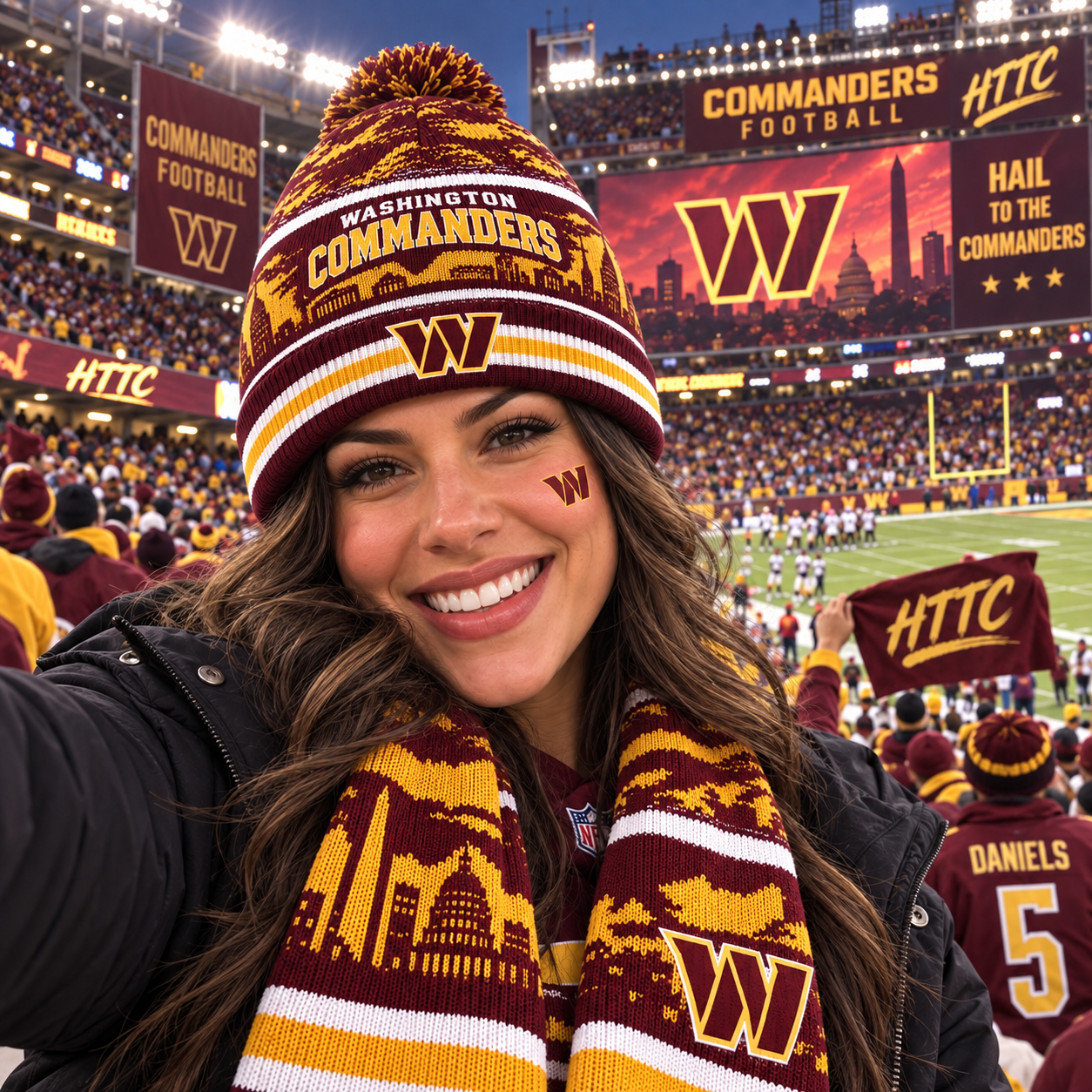 Washington Commanders Knit Beanie Hat, Jayden Daniels No. 5 Fan Style, WAS Northwest Stadium Sunday Look