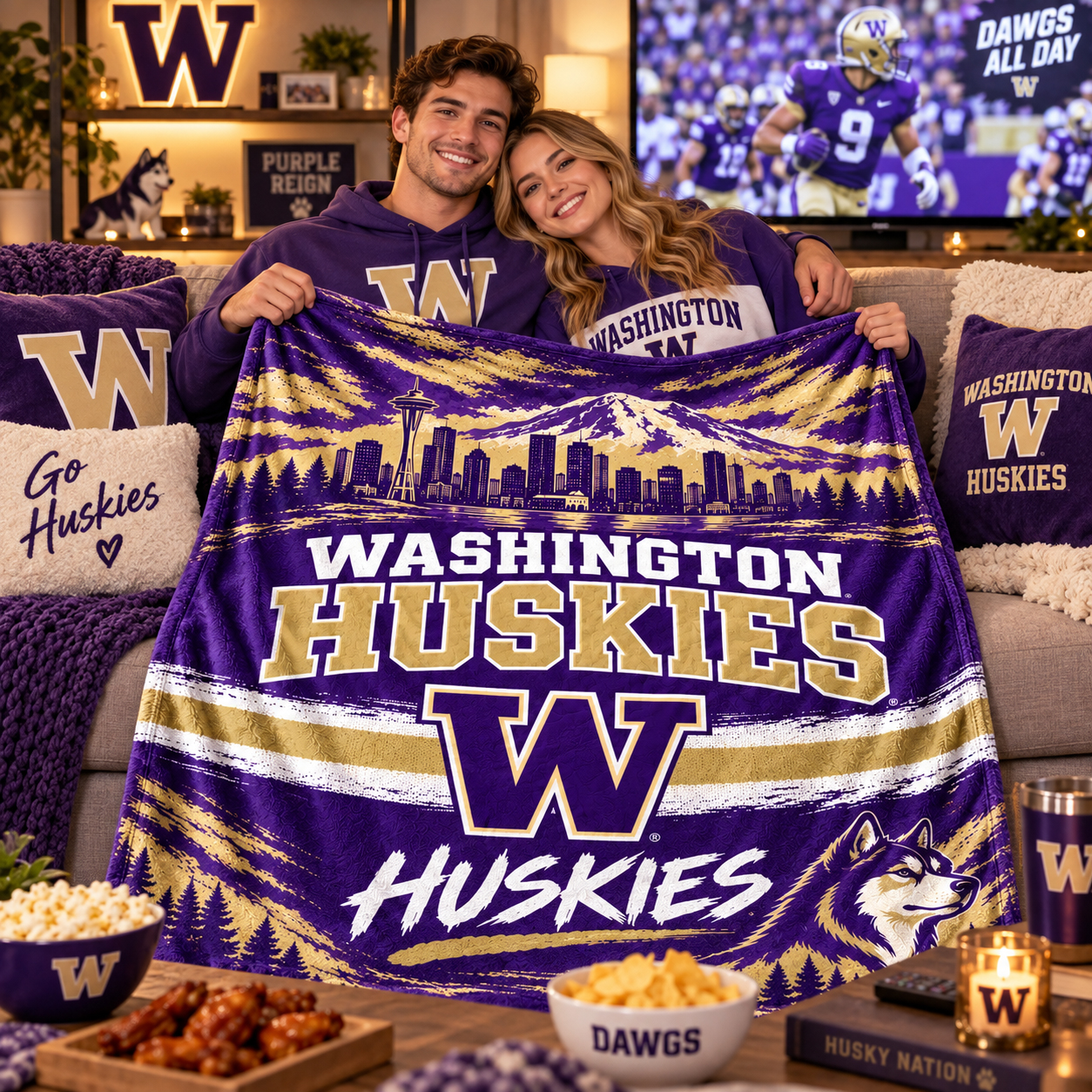 University of Washington Football Throw Blanket, UW Huskies Spirit, Husky Stadium Seattle Style