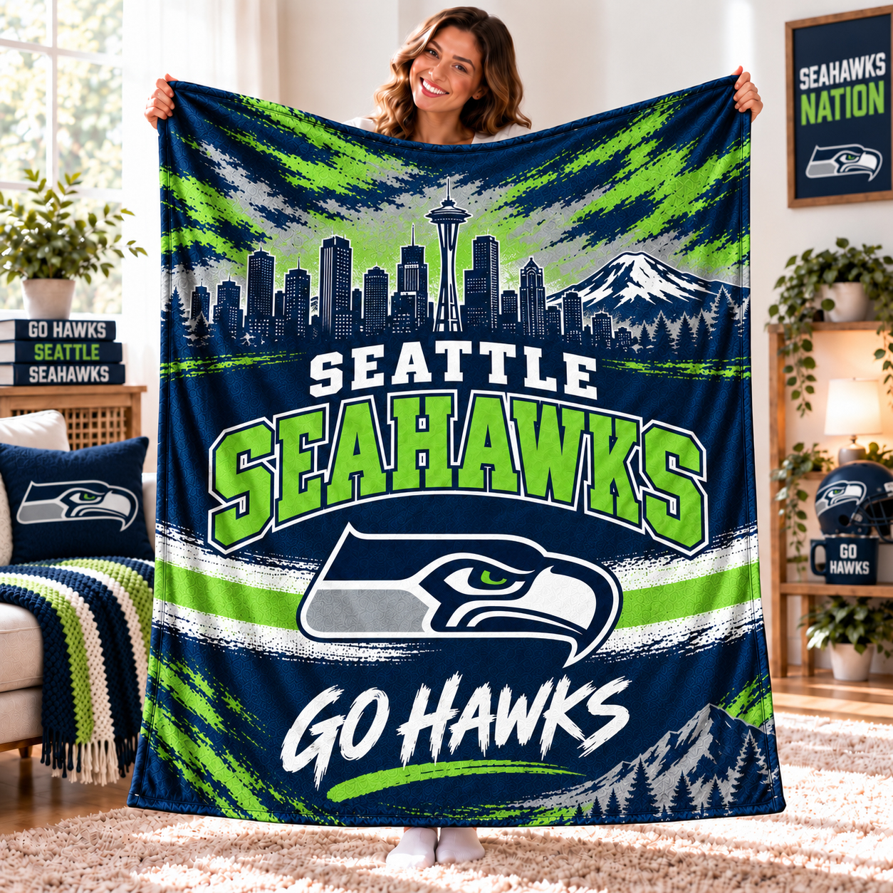 Seattle Seahawks Throw Blanket, Seattle 12s Football Spirit, Lumen Field Fan Style