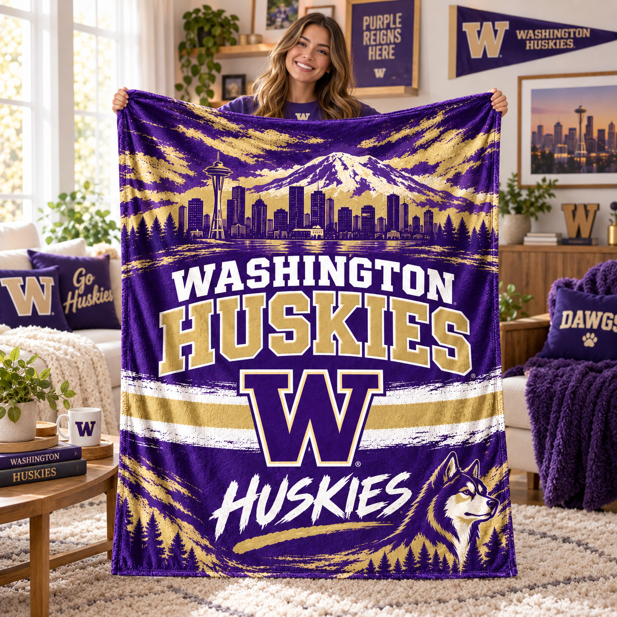 University of Washington Football Throw Blanket, UW Huskies Spirit, Husky Stadium Seattle Style