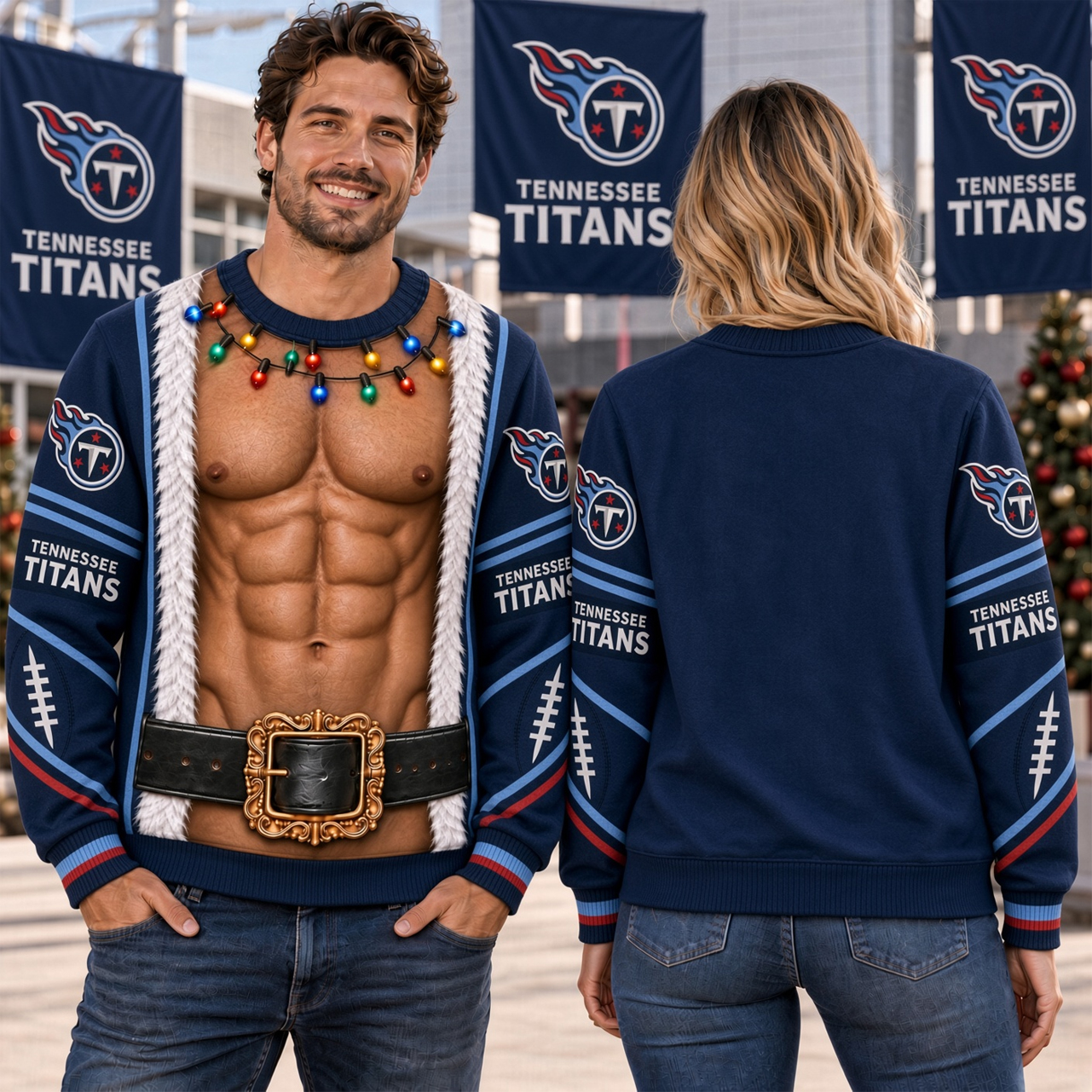 Tennessee Titans Christmas Sweatshirt, Fake Abs Santa Body Print, TEN Nissan Stadium Nashville Sunday