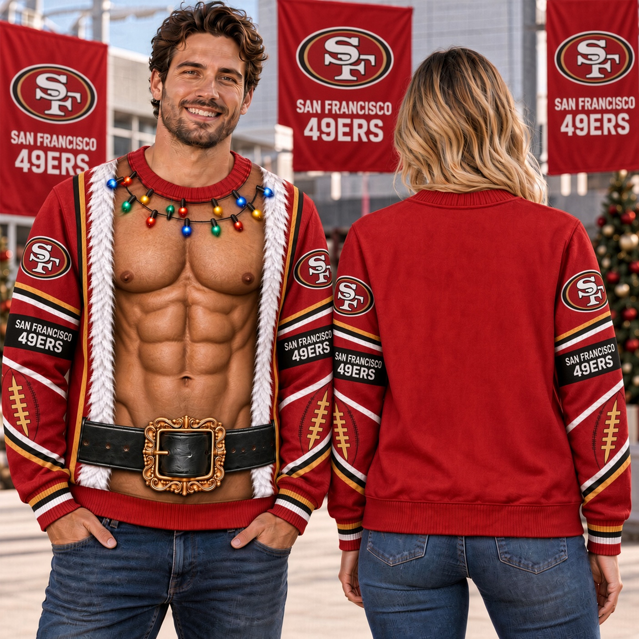 San Francisco 49ers Christmas Sweatshirt, Santa Muscle Suit Artwork, SF Levi's Stadium Bay Area Sunday
