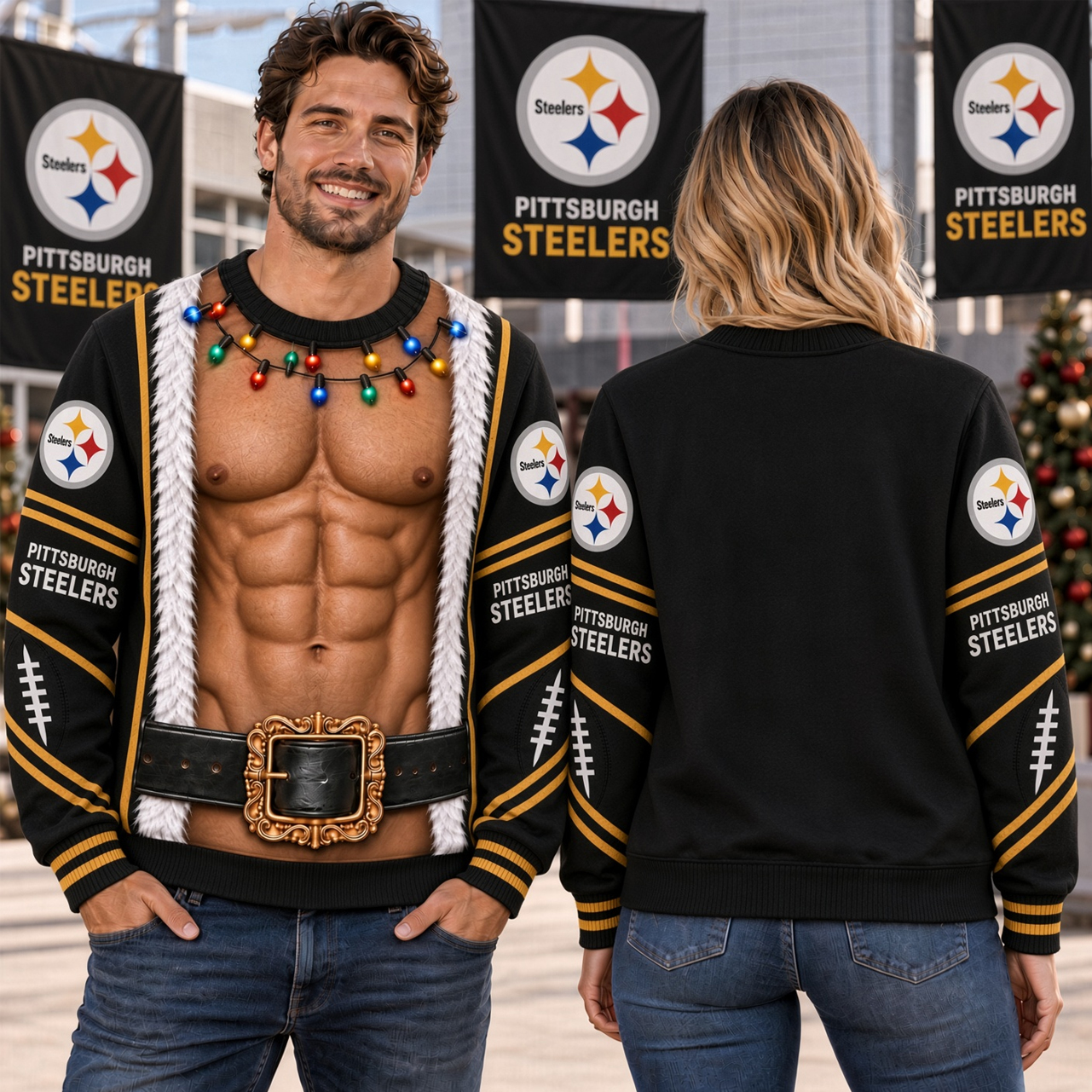 Pittsburgh Steelers Christmas Sweatshirt, Faux Muscle Santa Body Illusion, PIT Acrisure Stadium Sunday Football
