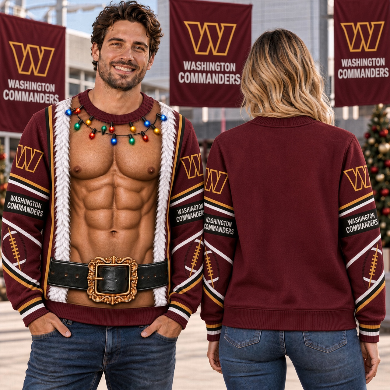 Washington Commanders Christmas Sweatshirt, Muscular Santa Costume Graphic, WAS Northwest Stadium DC Football