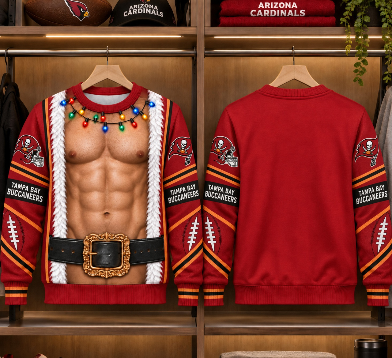 Tampa Bay Buccaneers Christmas Sweatshirt, Bodybuilder Santa Illusion Design, TB Raymond James Stadium Tampa Sunday