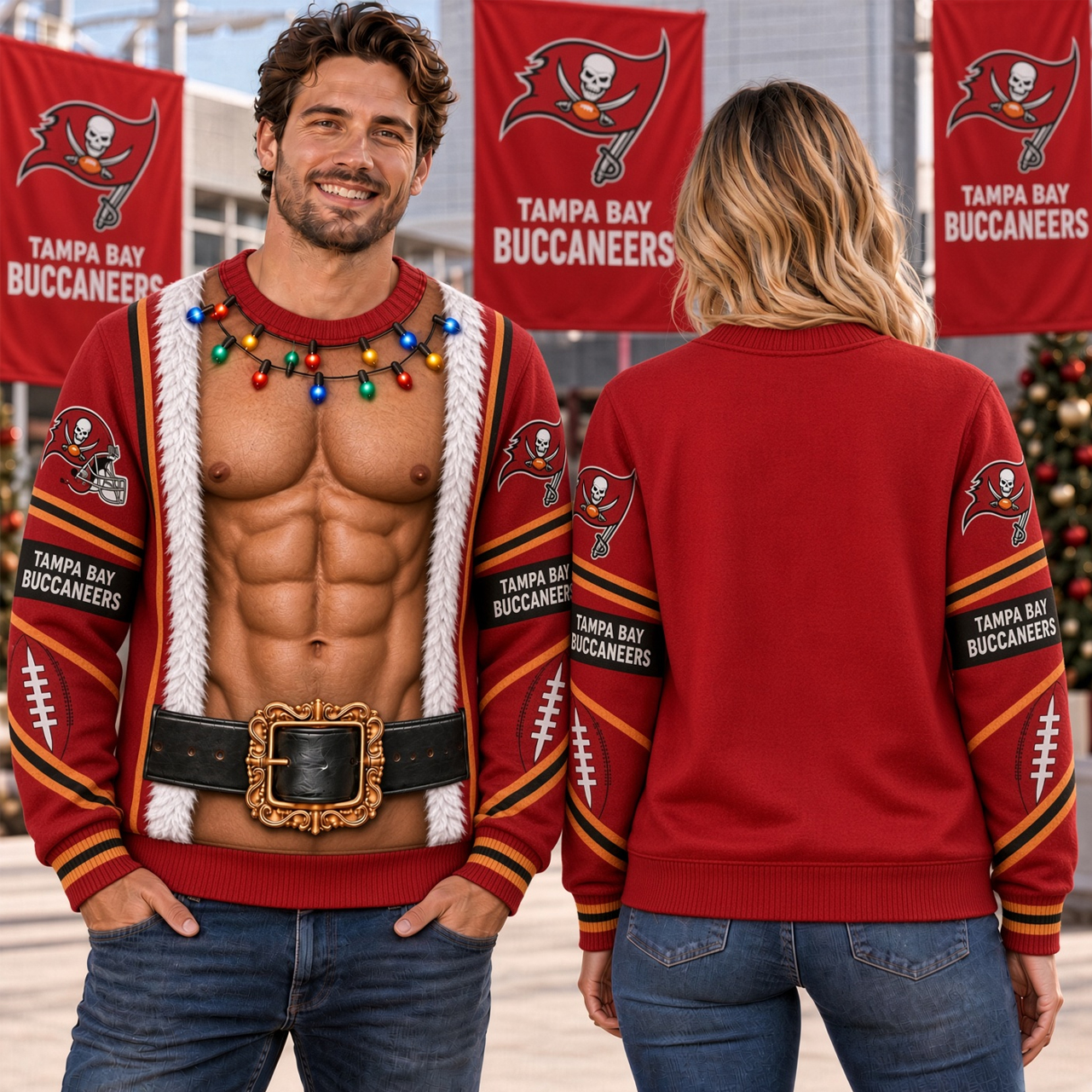 Tampa Bay Buccaneers Christmas Sweatshirt, Bodybuilder Santa Illusion Design, TB Raymond James Stadium Tampa Sunday