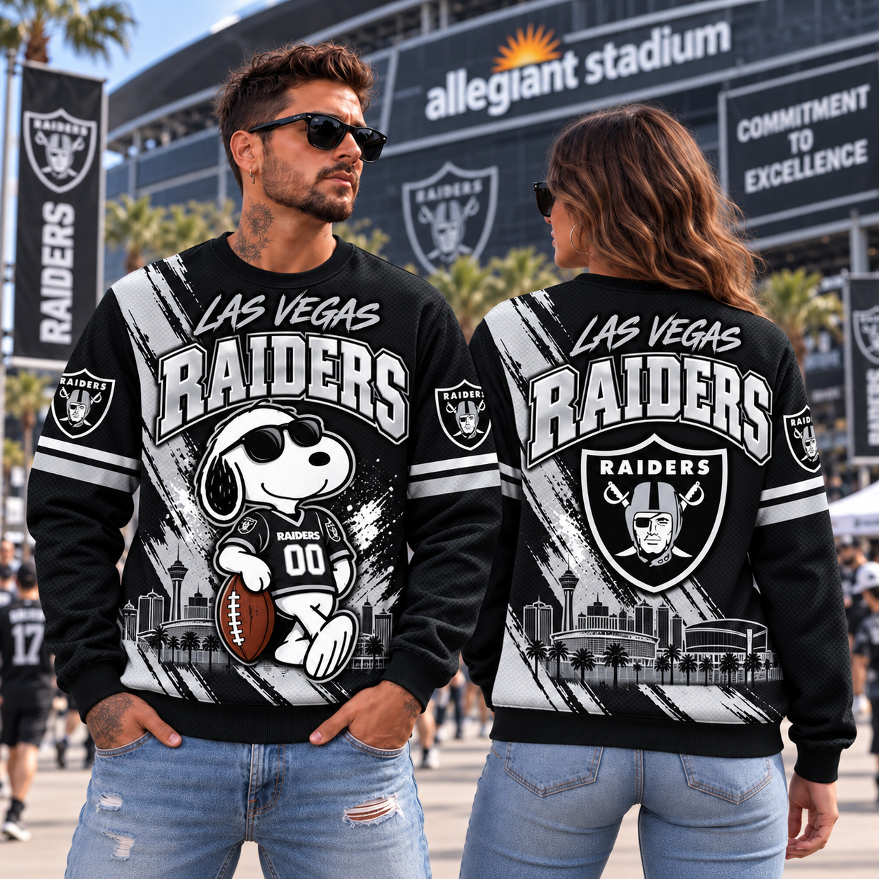 Las Vegas Raiders Snoopy Christmas Sweatshirt, Snoopy Holiday Football Artwork, LV Allegiant Stadium Raider Nation