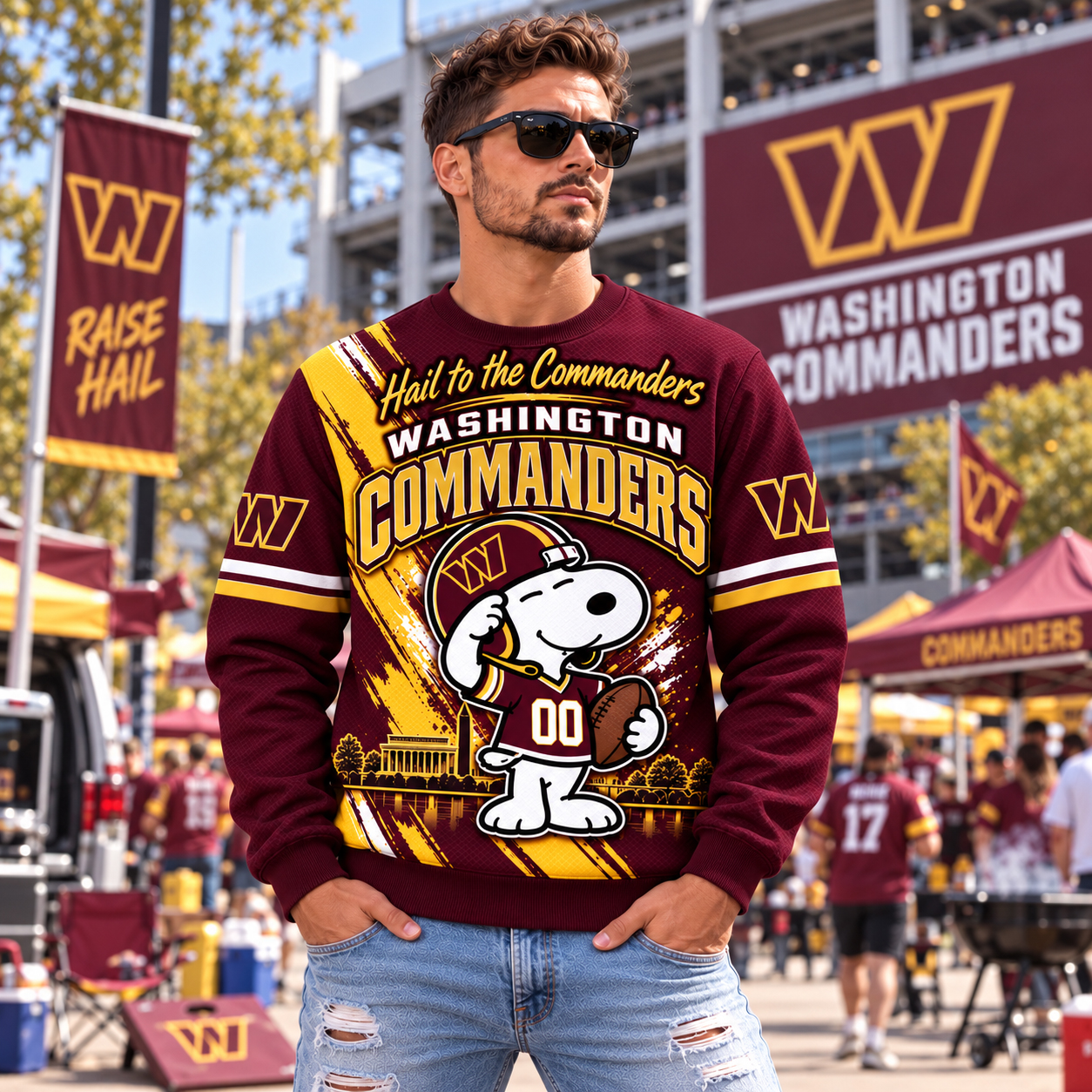 Washington Commanders Snoopy Christmas Sweatshirt, Snoopy Burgundy Gold Fan Art, WAS Northwest Stadium HTTC Energy
