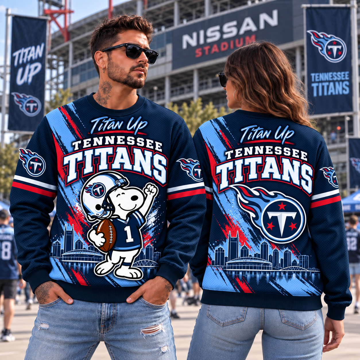 Tennessee Titans Snoopy Christmas Sweatshirt, Snoopy Holiday Football Artwork, TEN Nissan Stadium Titan Up Style