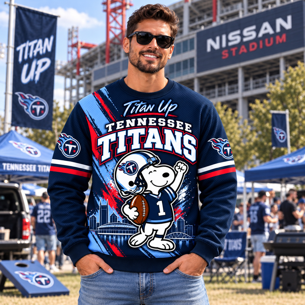Tennessee Titans Snoopy Christmas Sweatshirt, Snoopy Holiday Football Artwork, TEN Nissan Stadium Titan Up Style