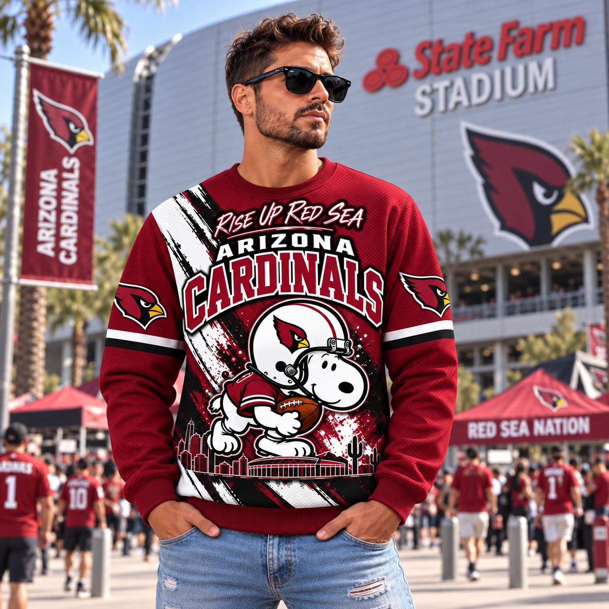 Arizona Cardinals Snoopy Christmas Sweatshirt, Snoopy Santa Hat Football Art, ARI State Farm Stadium Bird Gang