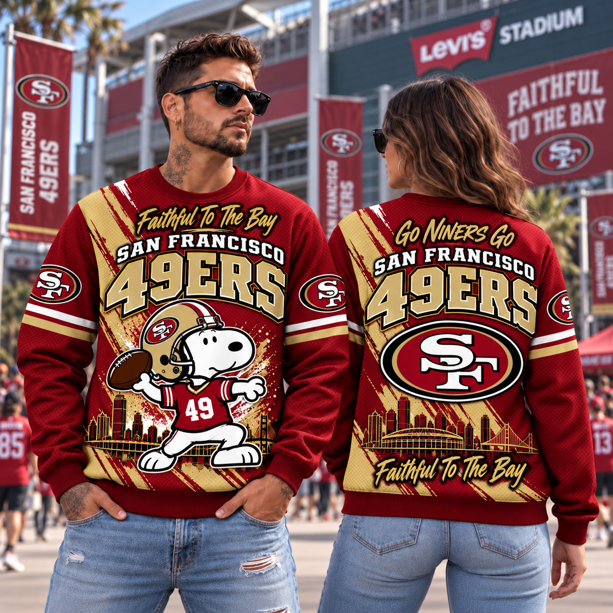 San Francisco 49ers Snoopy Christmas Sweatshirt, Snoopy Touchdown Winter Graphic, SF Levis Stadium Faithful Style