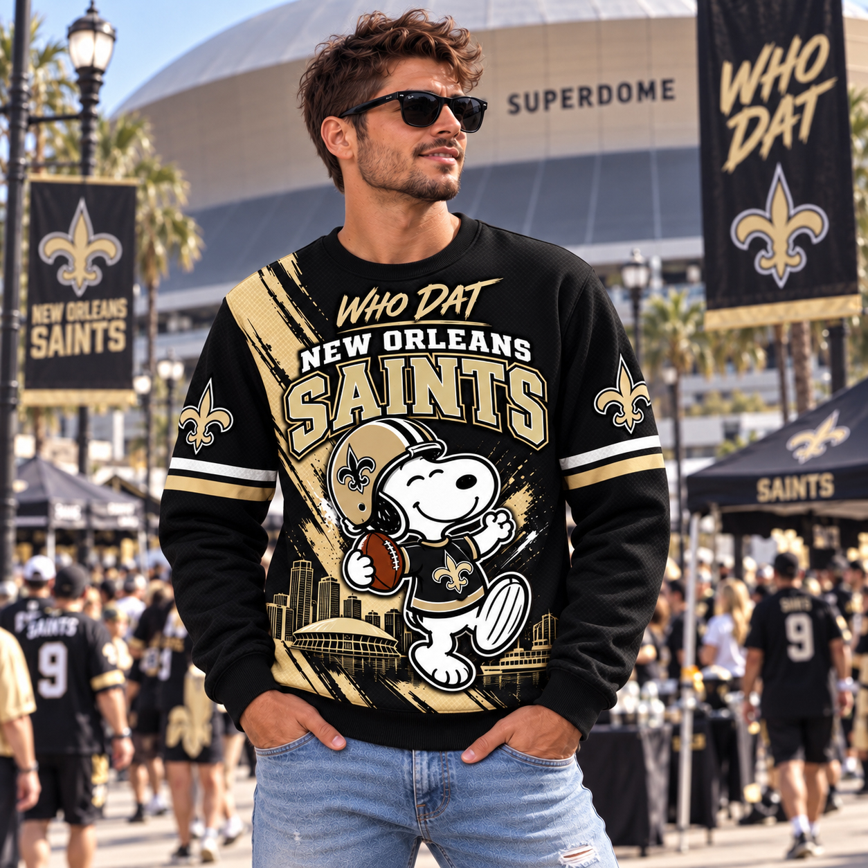 New Orleans Saints Snoopy Christmas Sweatshirt, Snoopy Santa Helmet Graphic, NO Caesars Superdome Who Dat Style