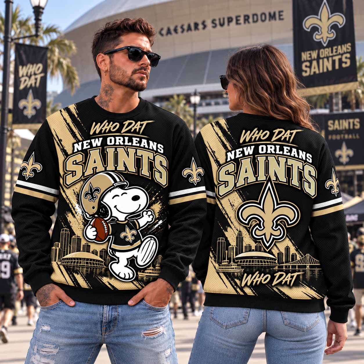 New Orleans Saints Snoopy Christmas Sweatshirt, Snoopy Santa Helmet Graphic, NO Caesars Superdome Who Dat Style