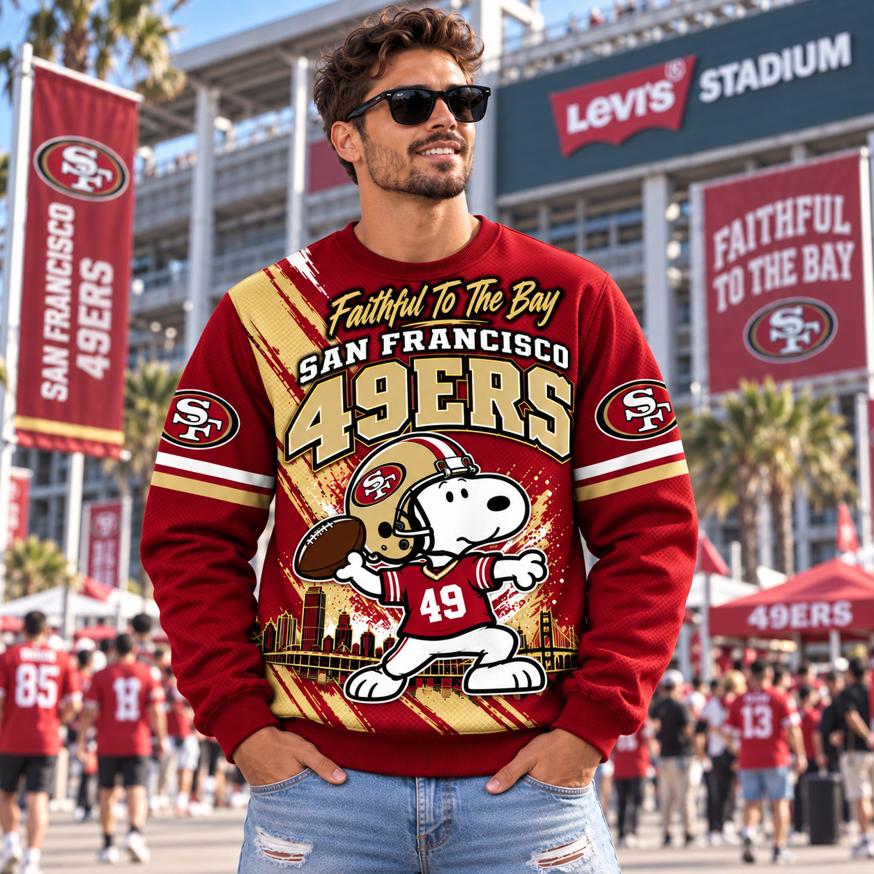 San Francisco 49ers Snoopy Christmas Sweatshirt, Snoopy Touchdown Winter Graphic, SF Levis Stadium Faithful Style