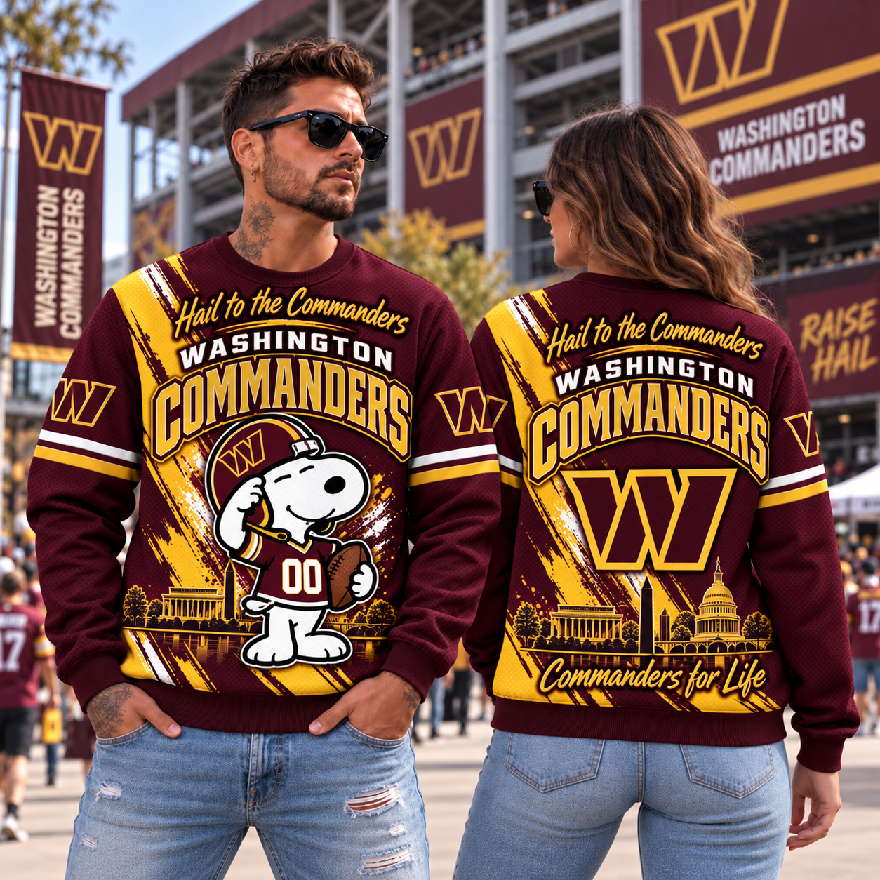 Washington Commanders Snoopy Christmas Sweatshirt, Snoopy Burgundy Gold Fan Art, WAS Northwest Stadium HTTC Energy