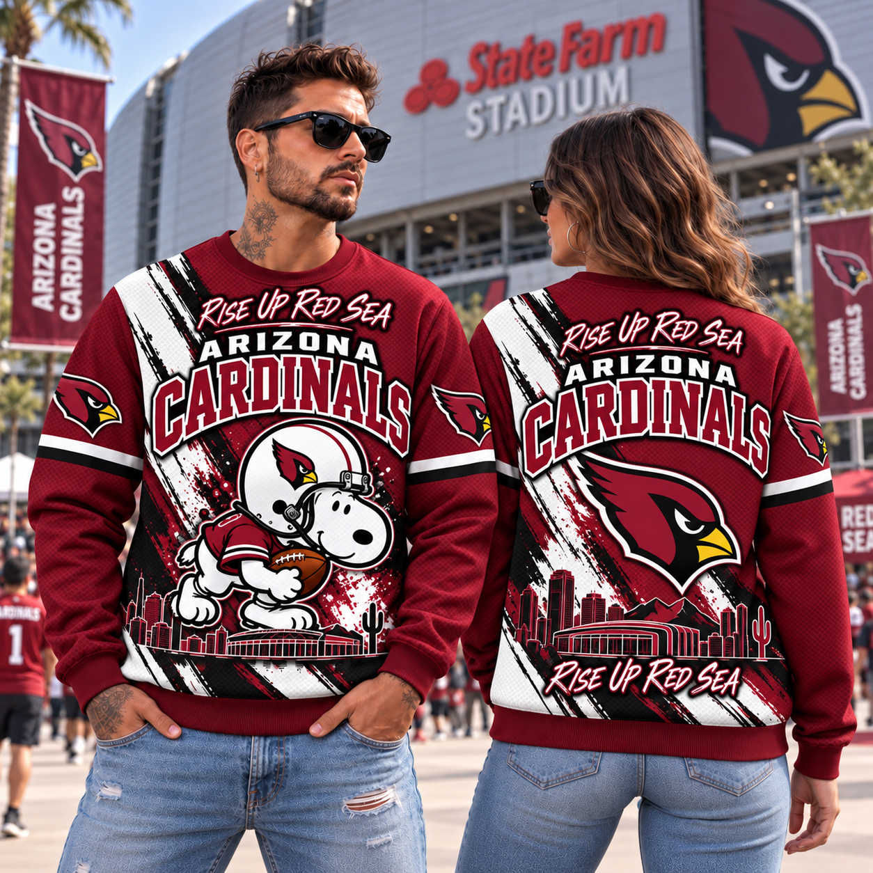 Arizona Cardinals Snoopy Christmas Sweatshirt, Snoopy Santa Hat Football Art, ARI State Farm Stadium Bird Gang