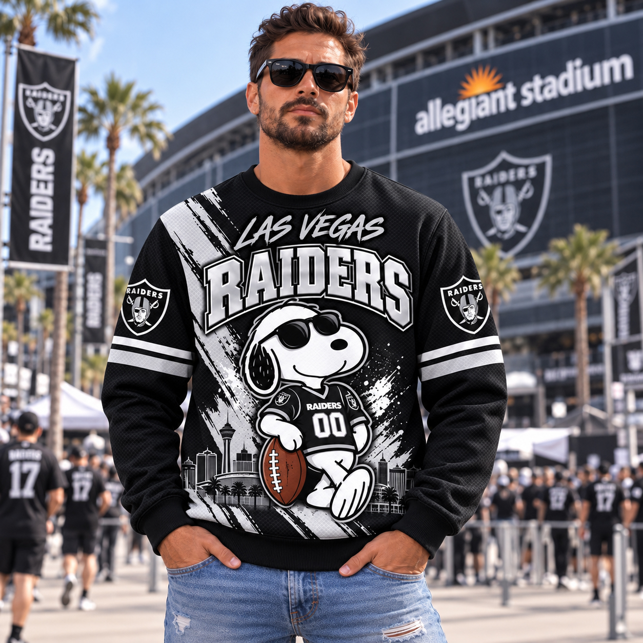Las Vegas Raiders Snoopy Christmas Sweatshirt, Snoopy Holiday Football Artwork, LV Allegiant Stadium Raider Nation