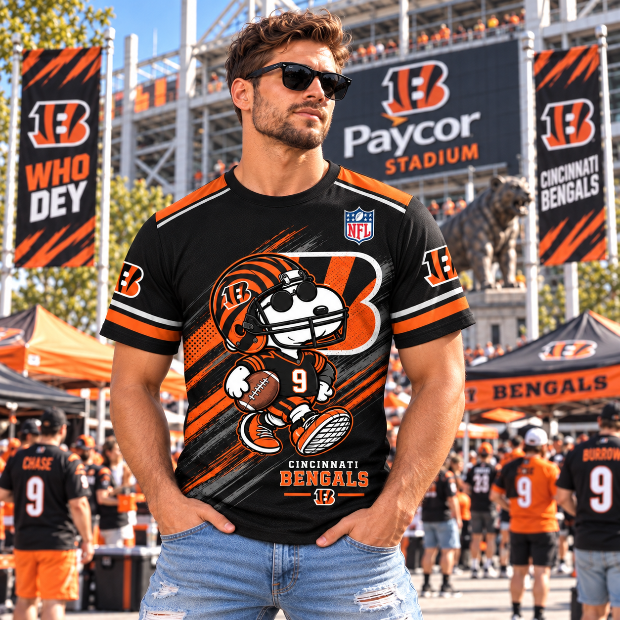 Cincinnati Bengals Snoopy 3D Football Shirt, CIN Who Dey Jungle Pride, Cincy Orange Black Roar