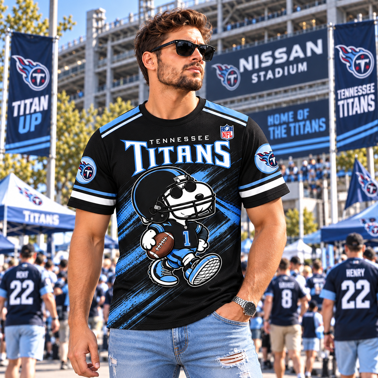 Tennessee Titans Snoopy 3D Football Shirt, TEN Titan Up Two Tone, Nashville Music City Charge