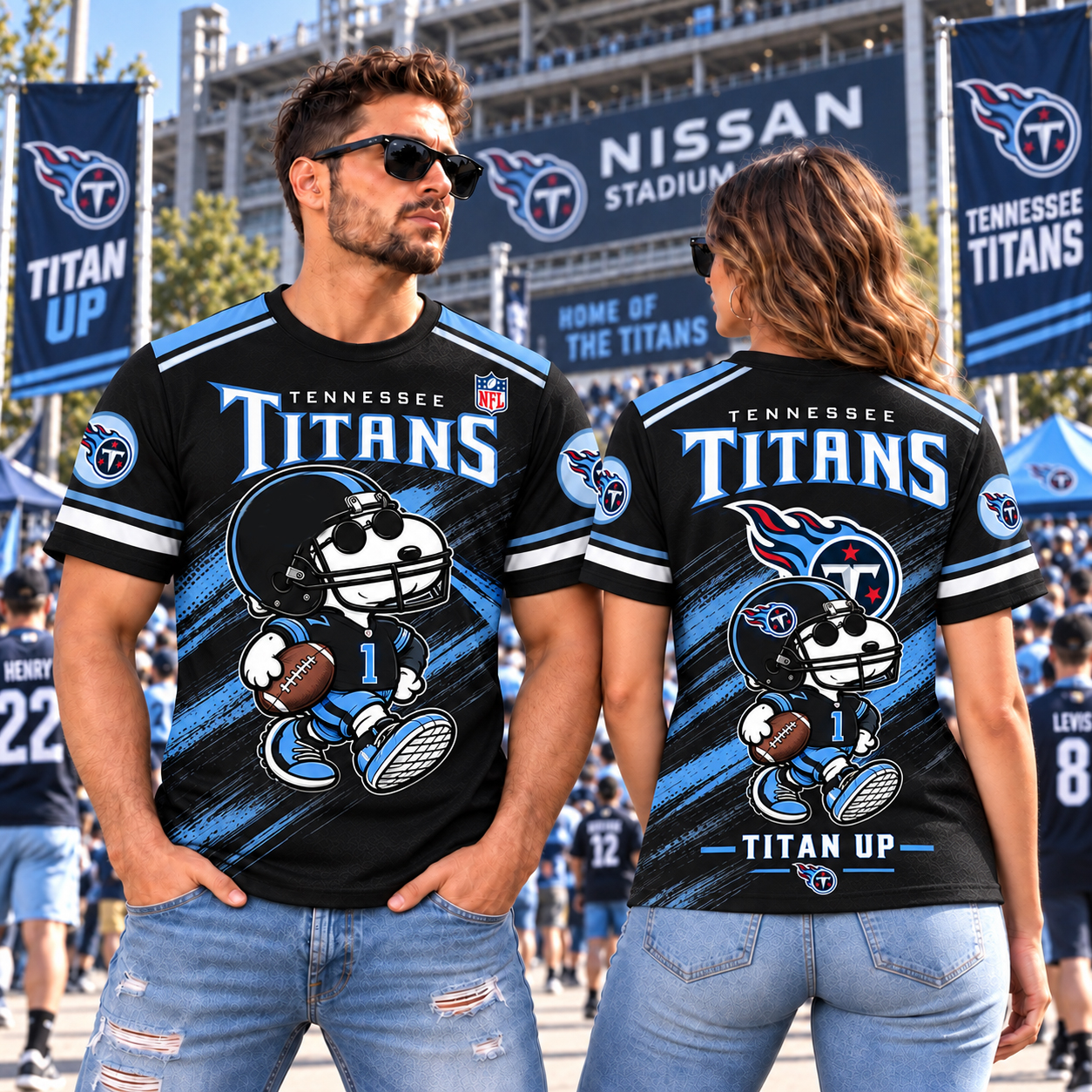 Tennessee Titans Snoopy 3D Football Shirt, TEN Titan Up Two Tone, Nashville Music City Charge