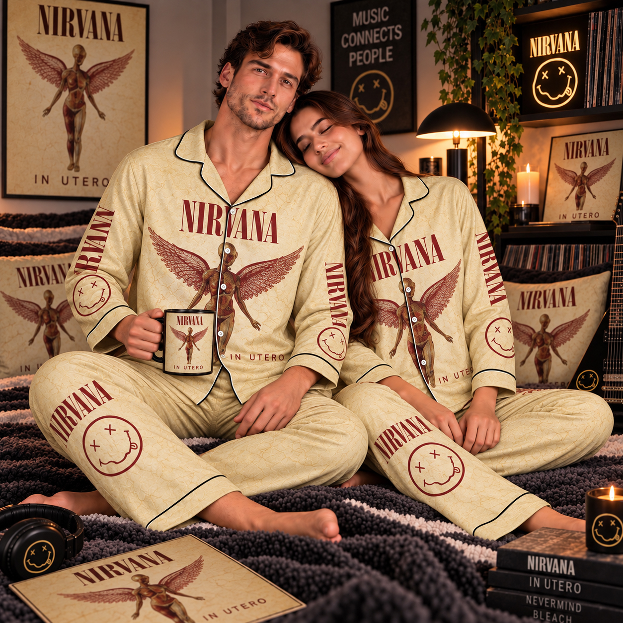 Nirvana In Utero Pajama Set, Heart Shaped Box All Apologies, Kurt Cobain 1993 Grunge Era