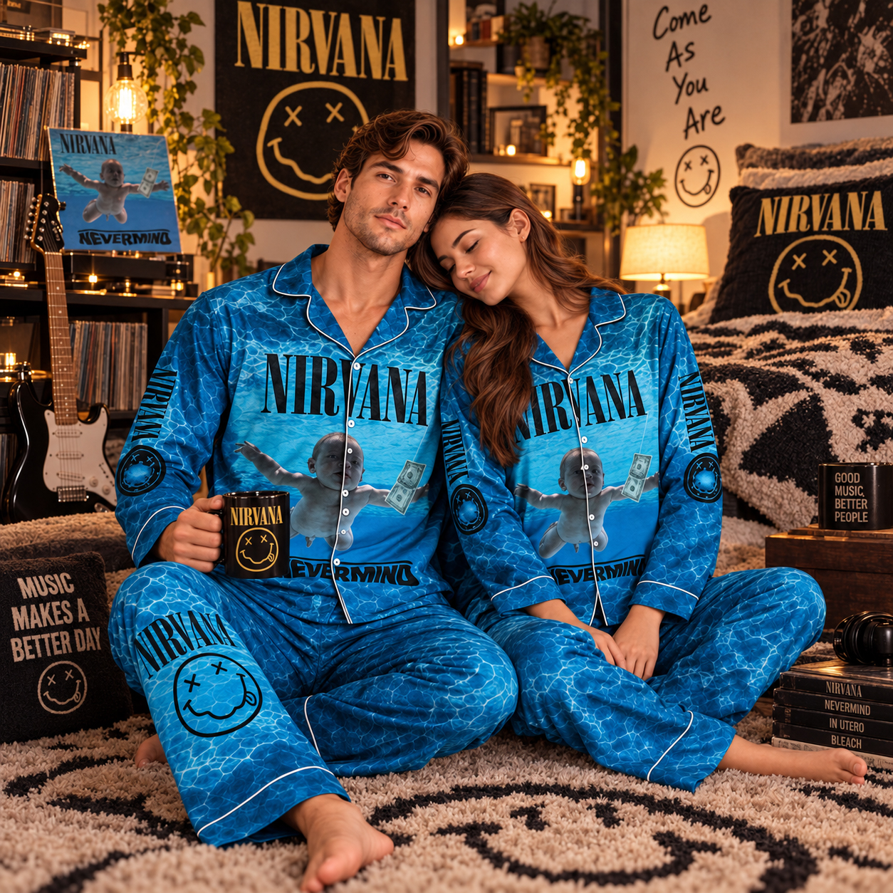 Nirvana Nevermind Pajama Set, Smells Like Teen Spirit Come As You Are, Kurt Cobain 1991 Era