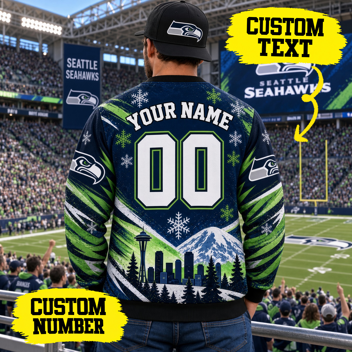 Seattle Seahawks Custom Name Number Sweatshirt, SEA Seahawks 12th Man Crewneck, Seattle Stadium Crewneck