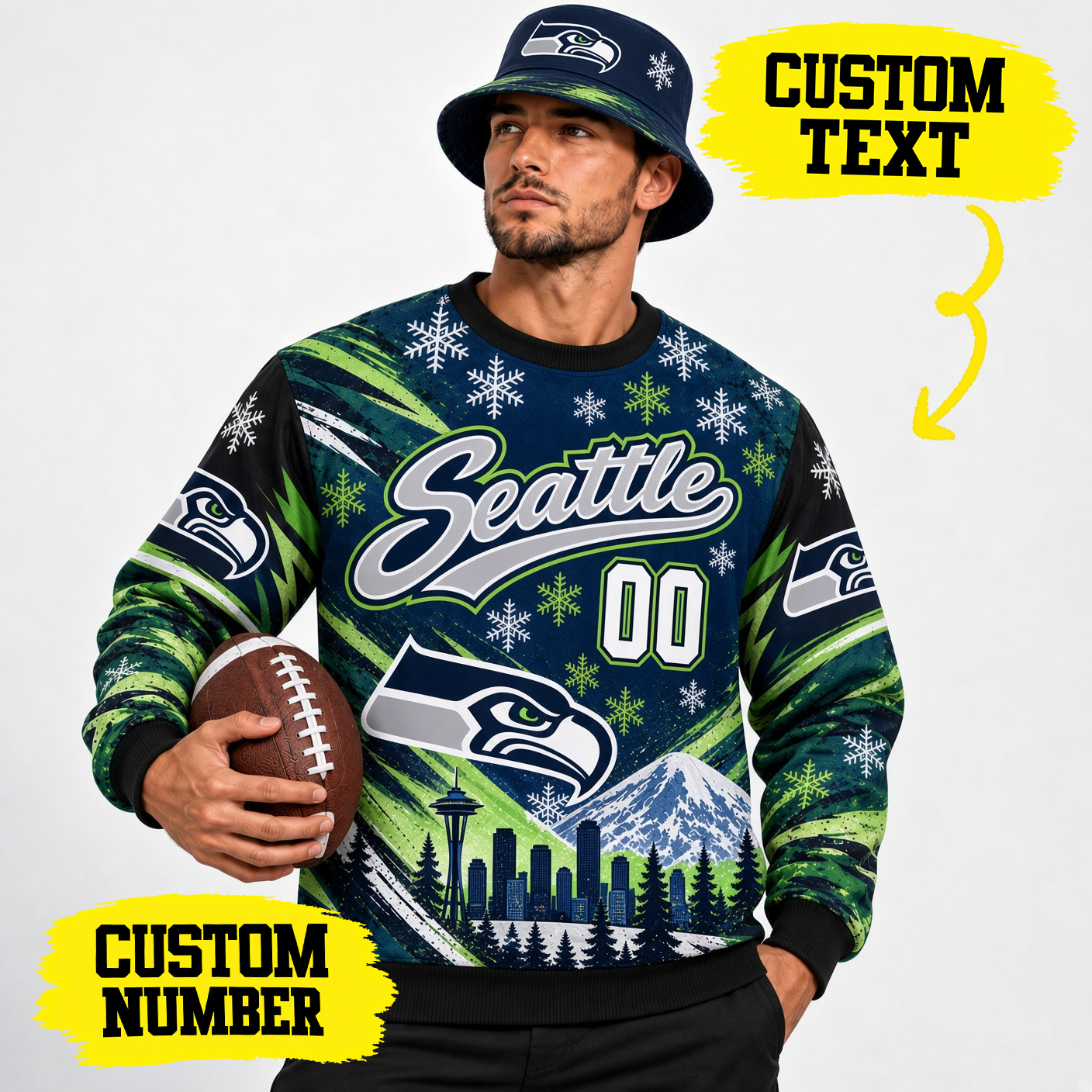 Seattle Seahawks Custom Name Number Sweatshirt, SEA Seahawks 12th Man Crewneck, Seattle Stadium Crewneck