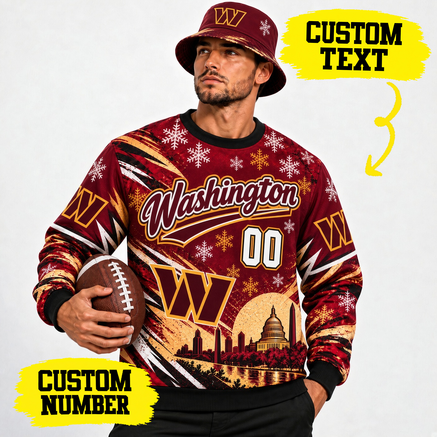 Washington Commanders Custom Name Number Sweatshirt, WAS Commanders Burgundy Gold Crewneck, Washington Football Sunday Style