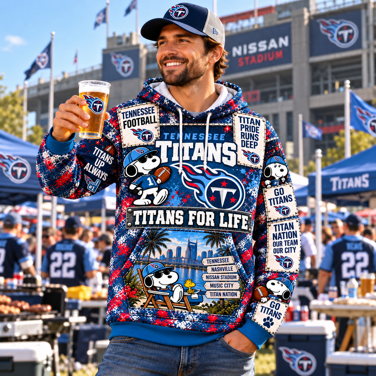 Tennessee Titans Game Day 3D Hoodie, TEN Two Tone Blue Nashville Pride, Nissan Field Music City Energy