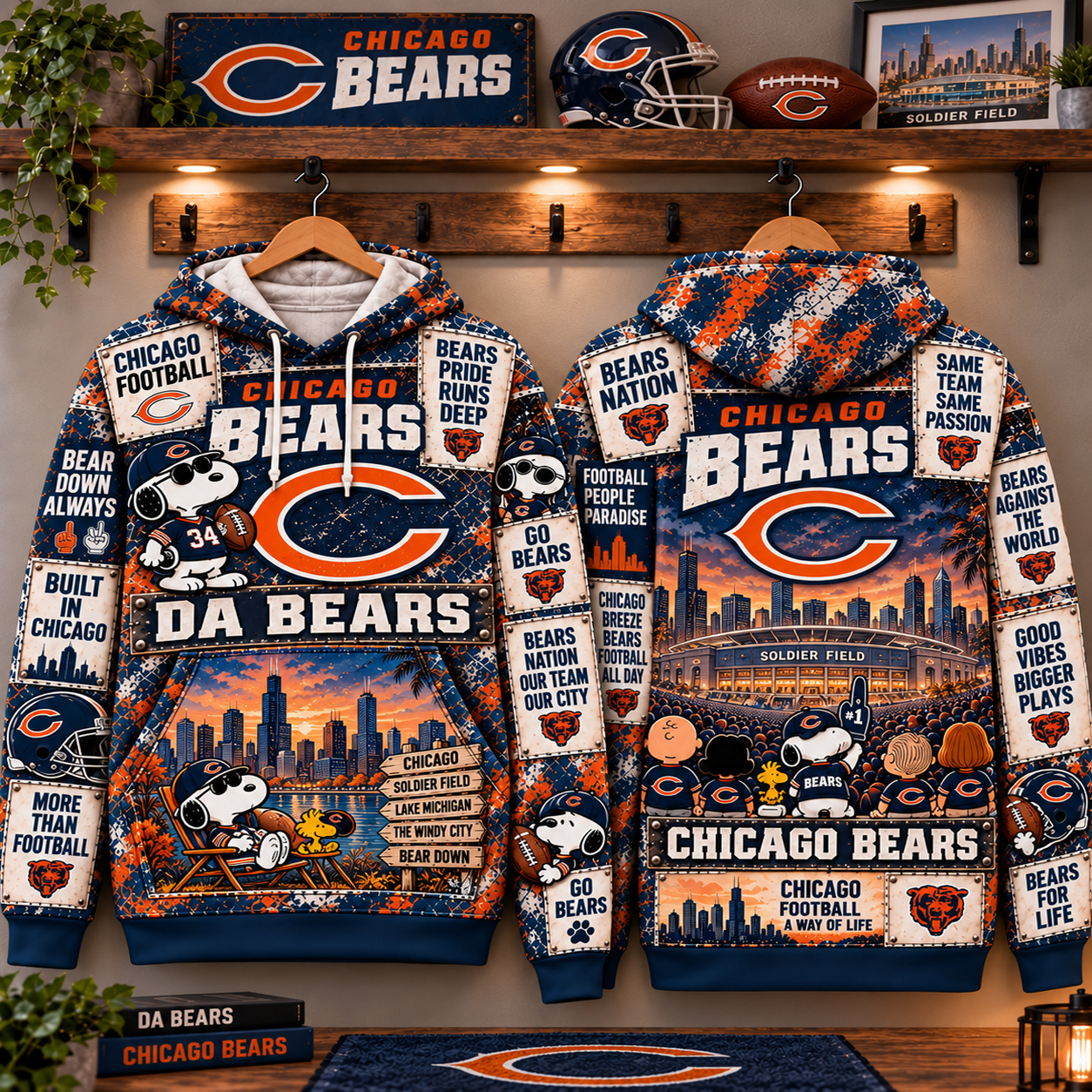 Chicago Bears 3D Football Hoodie, CHI Navy Orange Windy City Energy, Soldier Field Sunday Tradition