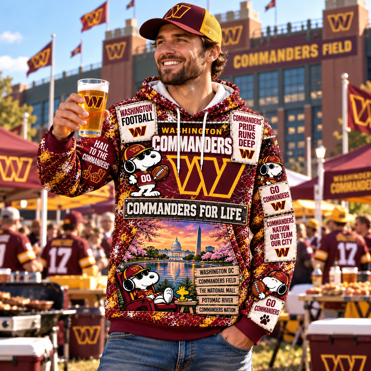 Washington Commanders Football Fan Hoodie, WAS Burgundy Gold Capital Pride, Northwest Field District Energy