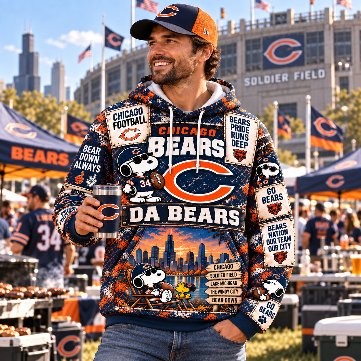 Chicago Bears 3D Football Hoodie, CHI Navy Orange Windy City Energy, Soldier Field Sunday Tradition