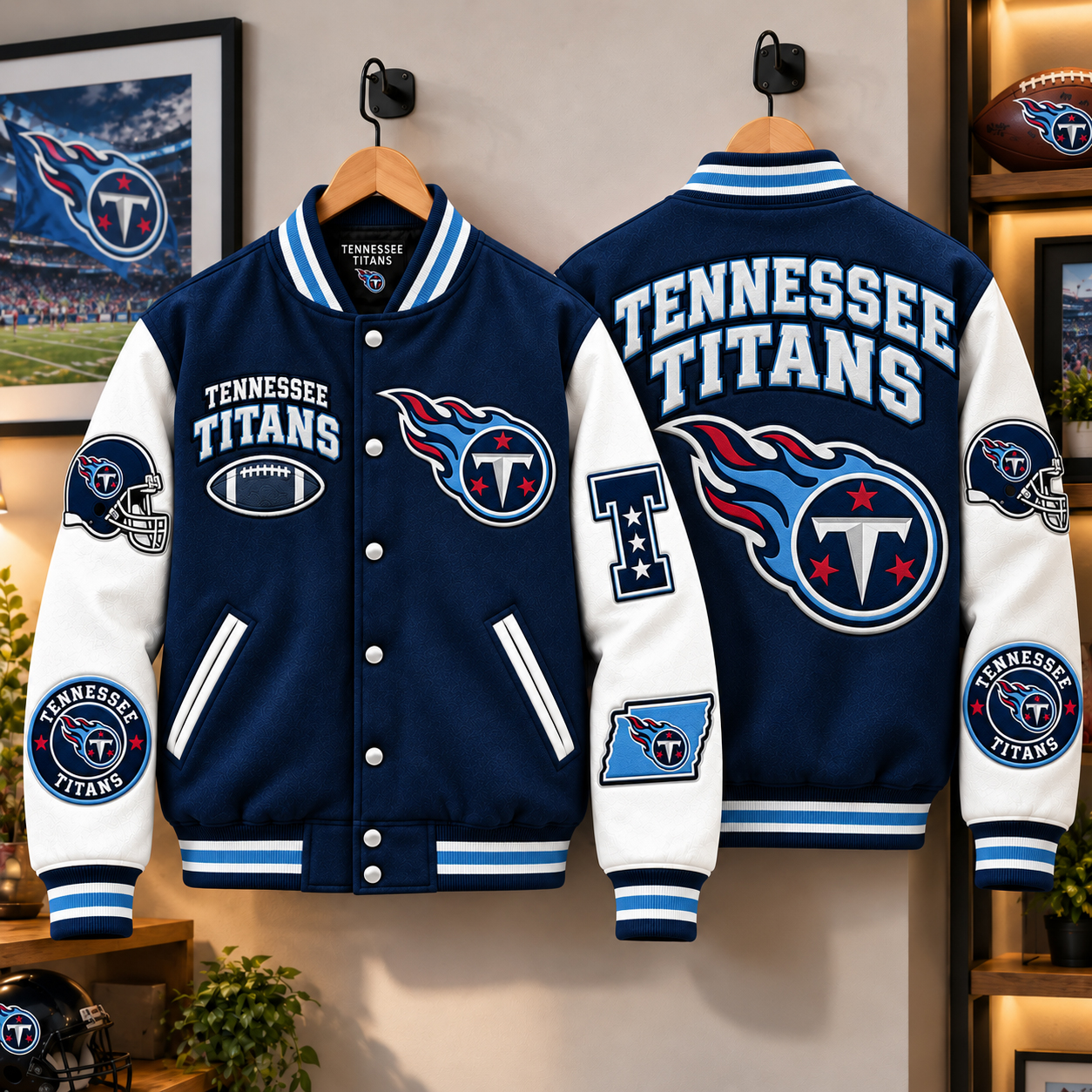 Tennessee Titans Varsity Jacket, Two Tone Nashville Fan Style, Titan Up Nashville Game Day Spirit