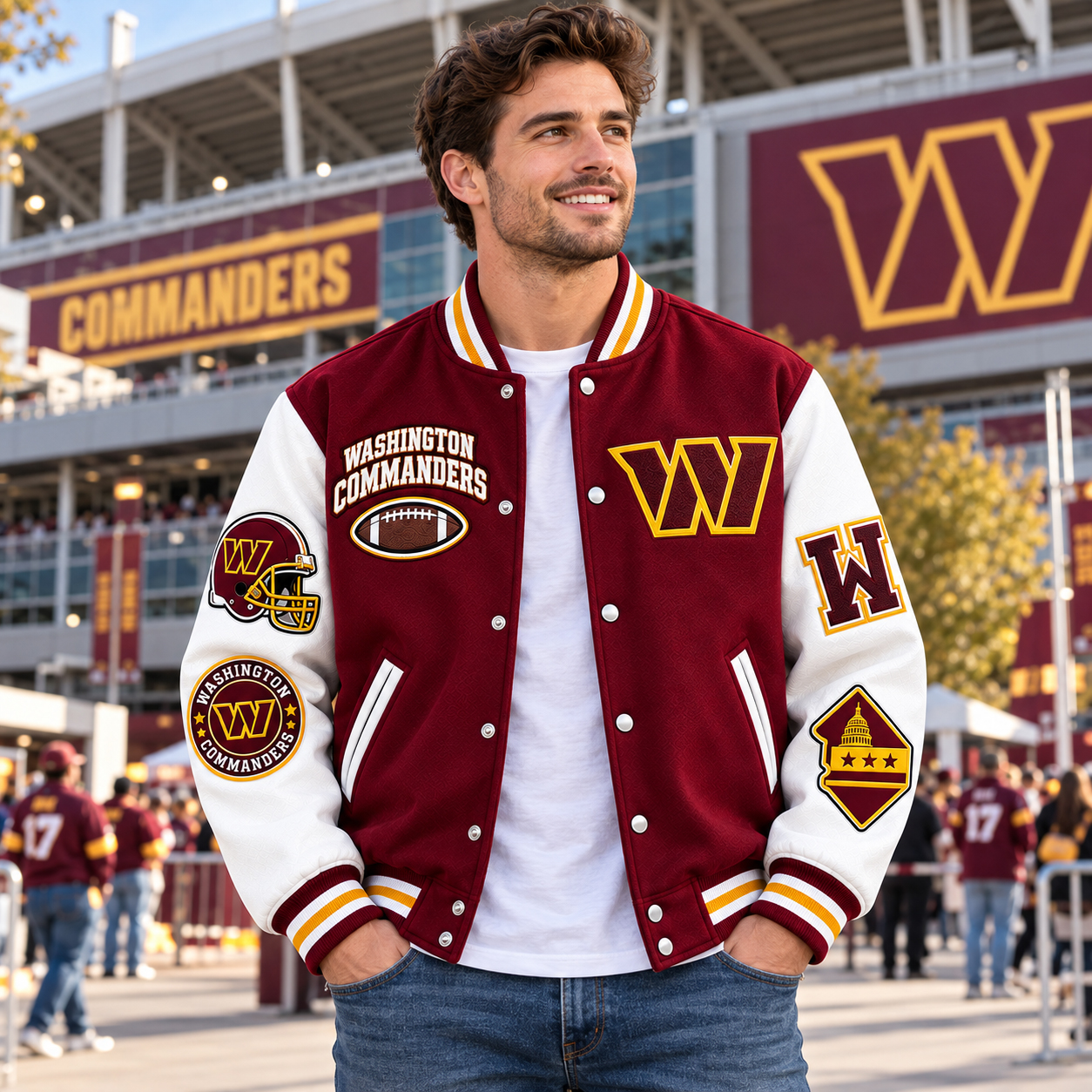 Washington Commanders Varsity Jacket, Washington DC Burgundy Gold Look, Raise Hail Washington Fan Pride
