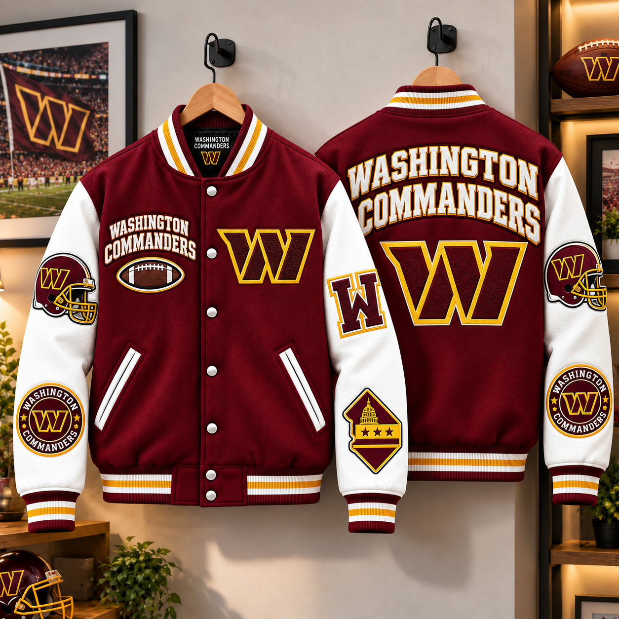 Washington Commanders Varsity Jacket, Washington DC Burgundy Gold Look, Raise Hail Washington Fan Pride