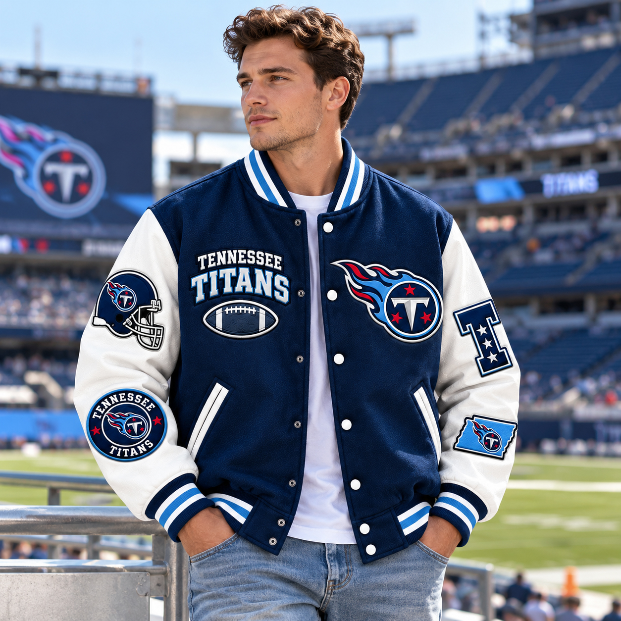 Tennessee Titans Varsity Jacket, Two Tone Nashville Fan Style, Titan Up Nashville Game Day Spirit