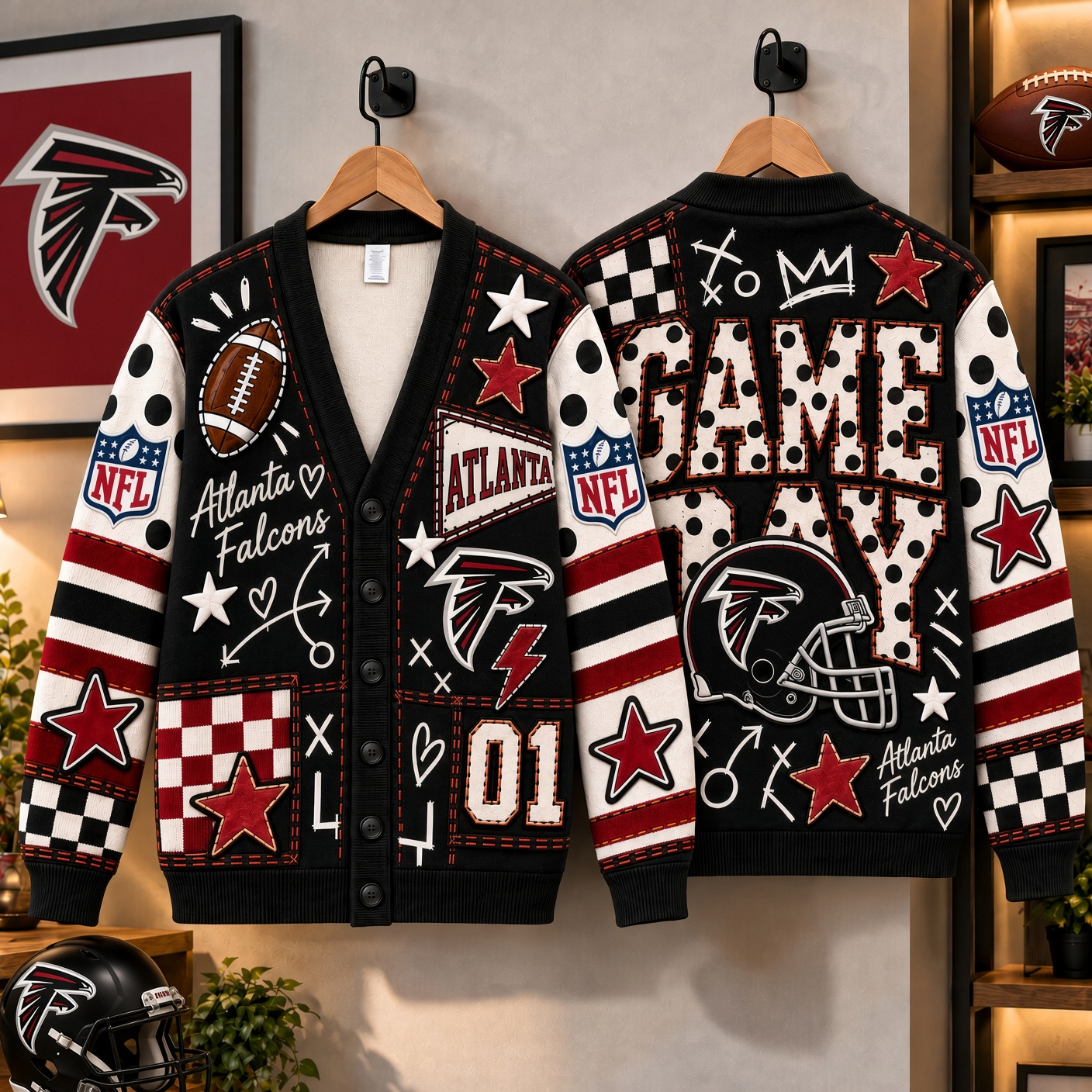 Atlanta Falcons Cardigan, Rise Up ATL Knitted Fan Sweater, Dirty Birds Sunday Stadium Style